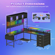 Gacfiew L Shaped Gaming Desk with Hutch, Reversible Computer Corner Desk with Drawers, Gaming Desk with LED Lights Panel, Power Outlets, Pegboard and Monitor Stand, Black