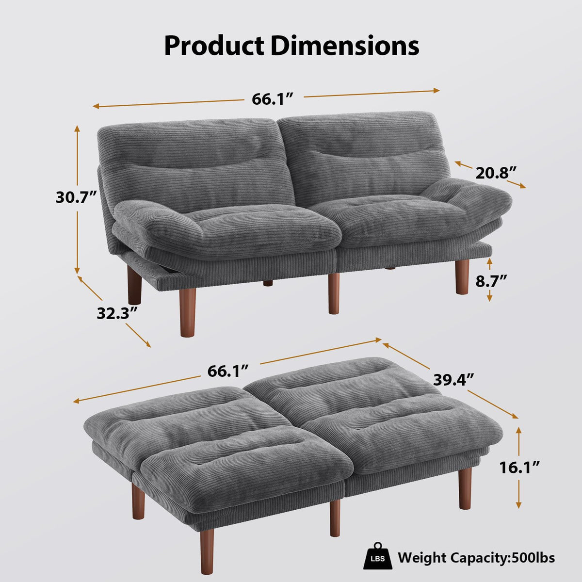 Pipishell 66 inch Convertible Futon Sofa Bed, Corduroy, Grey