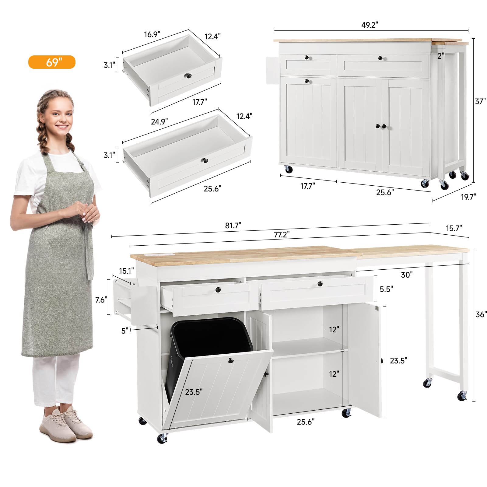 ONBRILL Kitchen Islands with Extendable Dining Table, 81.7" Mobile Kitchen Storage Islands, Rolling Kitchen Cart with Trash Cabinet, Power Outlet, Spice Rack & Towel Rack, White
