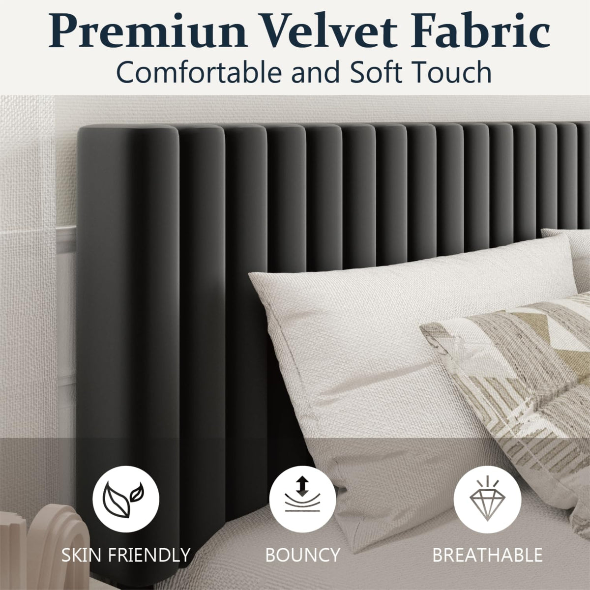 HAOARA Queen Size Platform Bed Frame with Velvet Upholstered Headboard, Queen Bed Frame with Strong Wood Slats, Box Spring Optional, Mattress Foundation, Easy Assembly Black