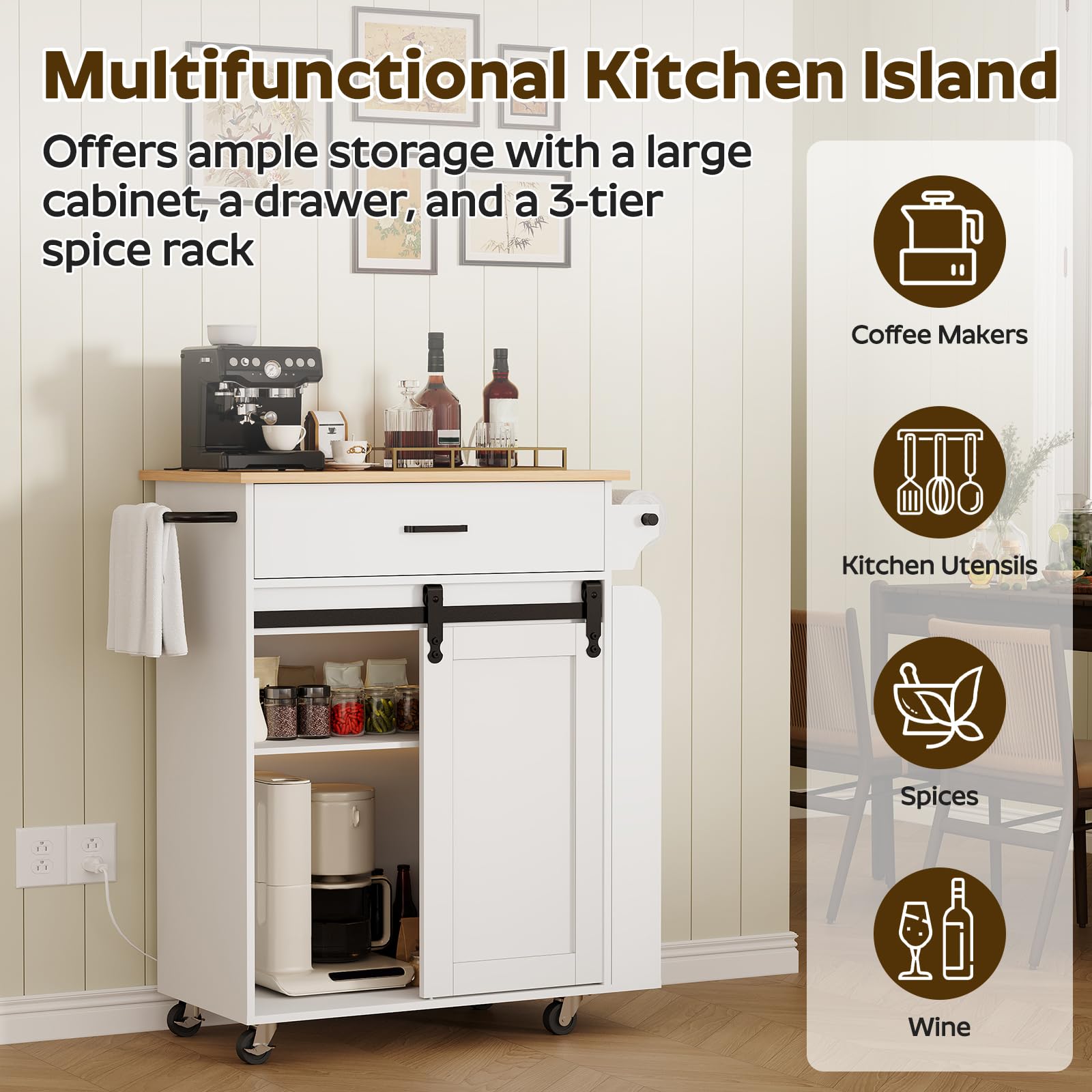 YATINEY Kitchen Island with Storage, Mobile Kitchen Cart with Charging Station, Kitchen Island on Wheels, Rolling Island Table with Sliding Cabinet Door, White and Natural ZD01UWN