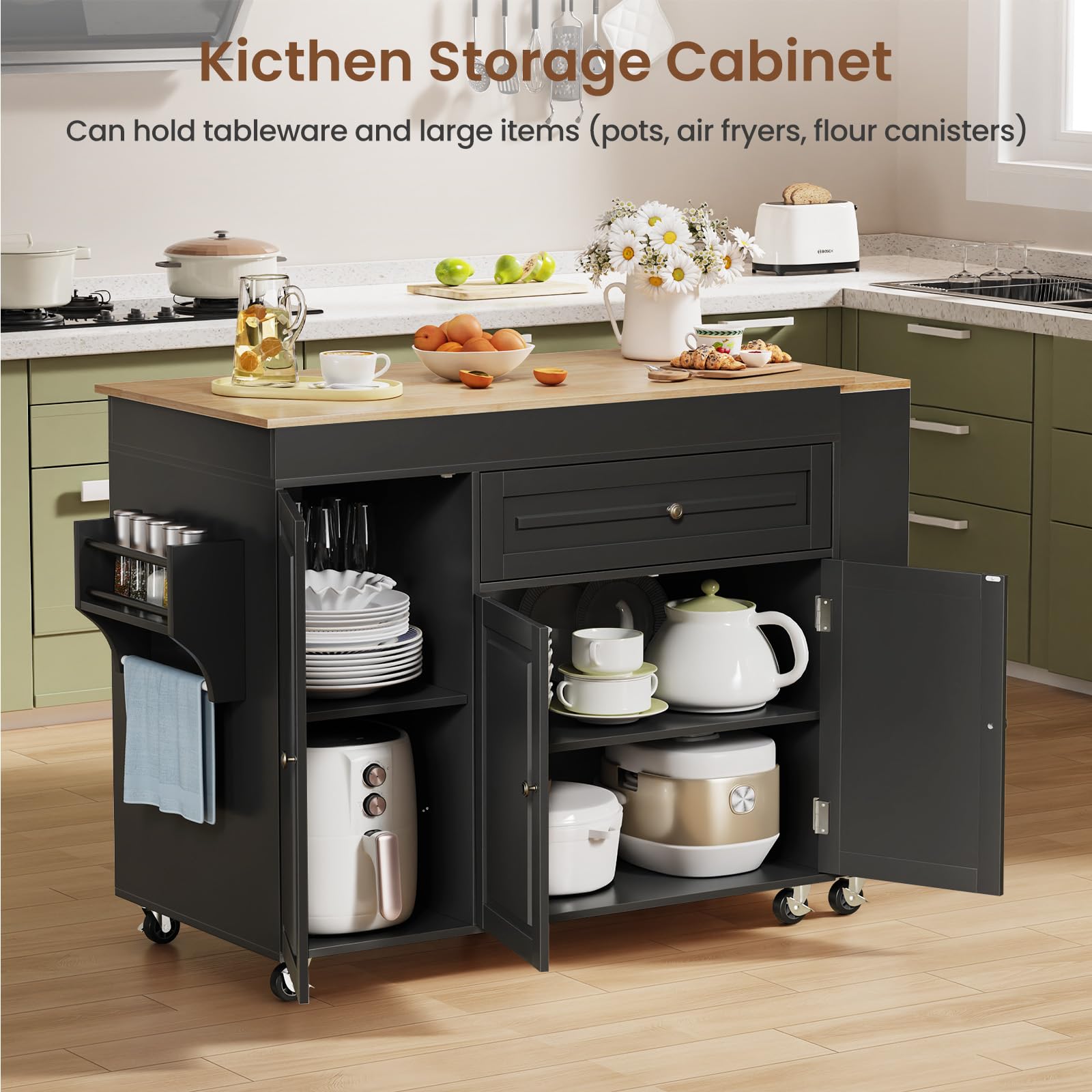 Rymeera 83" Expandable Kitchen Island on Wheels with Storage & Dining Table, Mobile Kitchen Cart with Cabinet, 3 Shelves & Drawers, Black (Extends from 48.4" to 82.6") (Black)