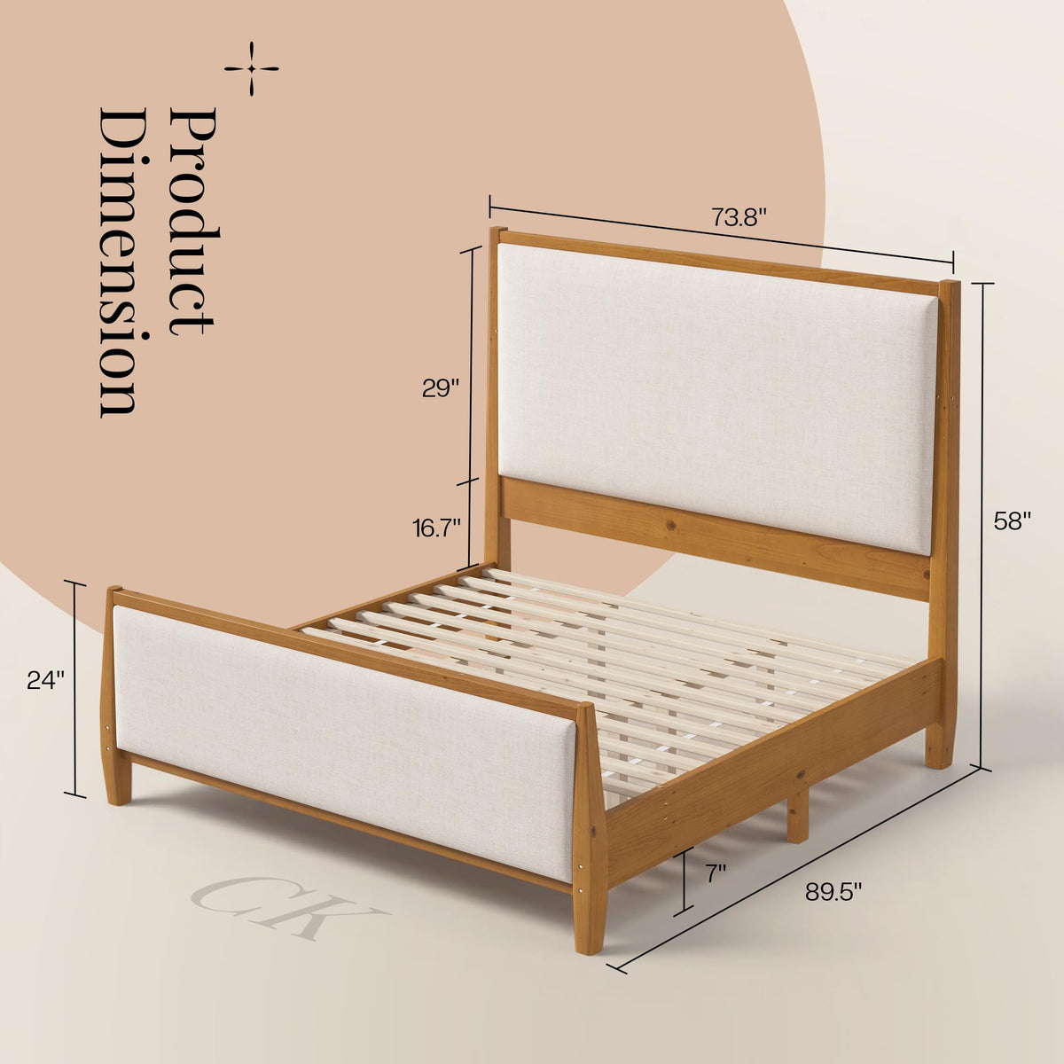Jocisland 58" Tall Solid Wood California King Size Bed Frame with Upholstered Headboard & Footboard, Wooden Platform Bedframe, No Box Spring Needed, Easy Assembly, Modern Farmhouse Style, Walnut