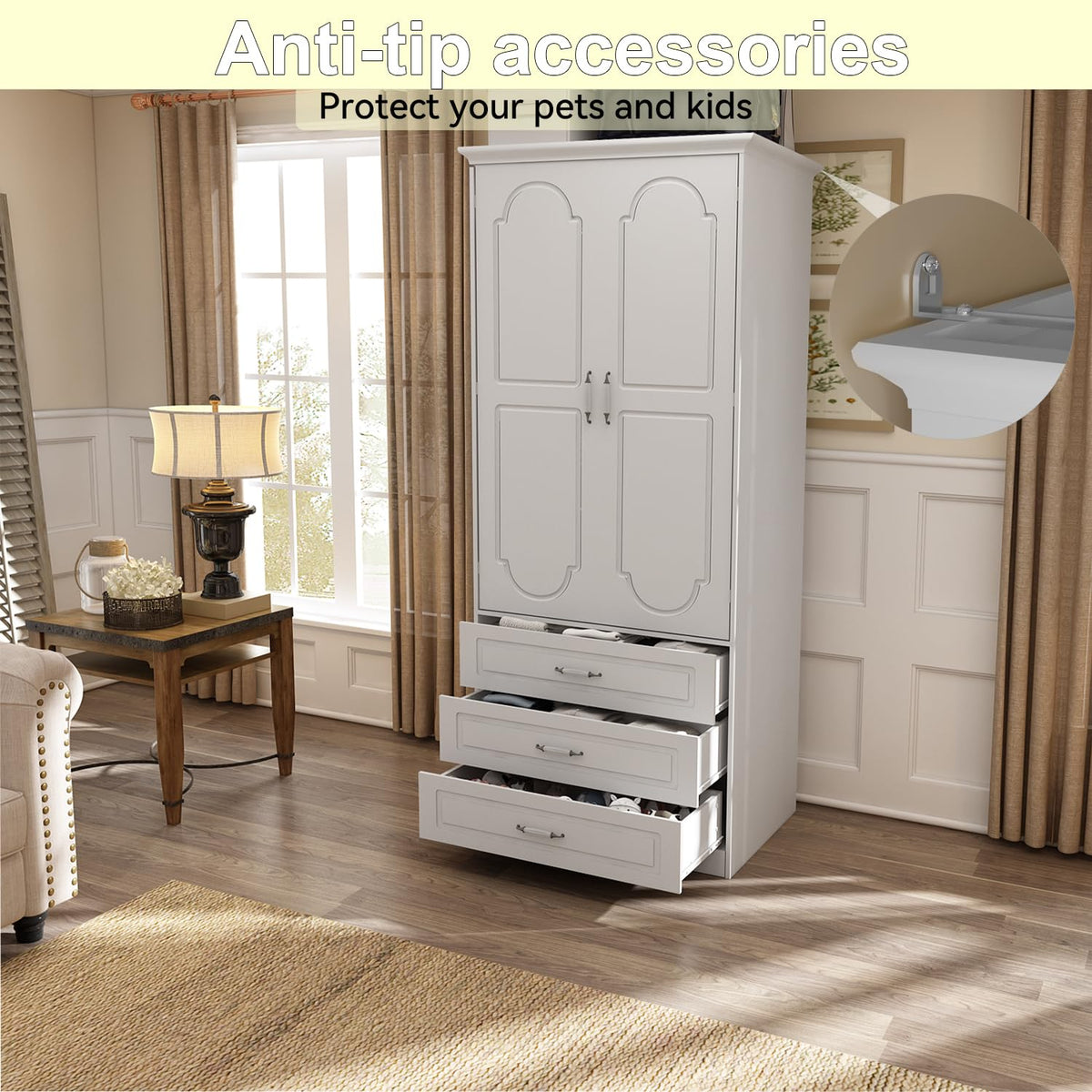 White LED Wardrobe with 3 Drawers