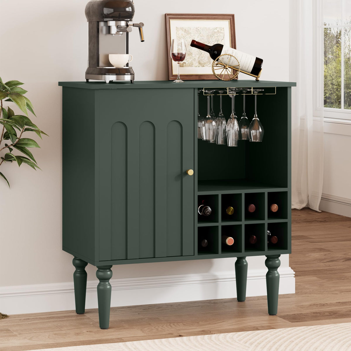 Surmorn Arched Fluted Coffee Bar Cabinet with Storage& Wine Racks, Green