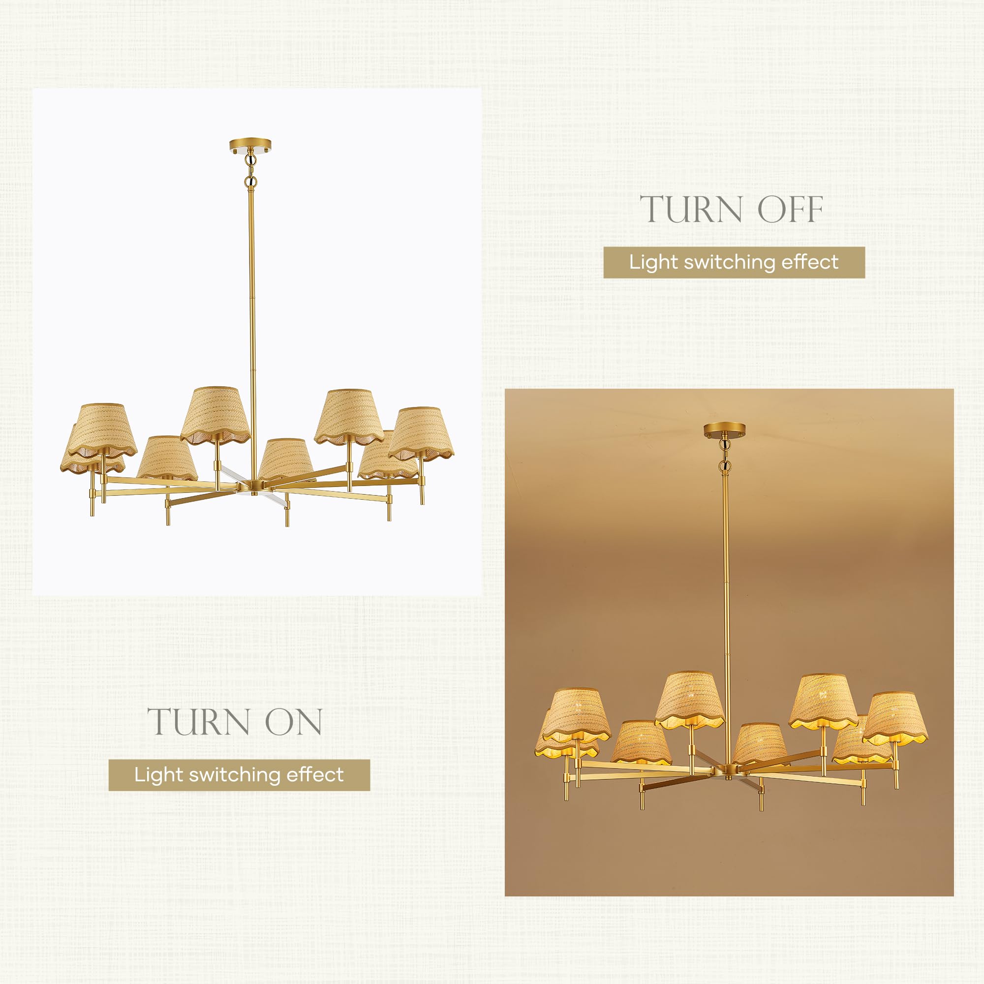 Aol furin 8-Light Boho Rattan Chandelier with Woven Shades, 43” Brass Gold Light Fixture for Dining Room,Adjustable Rustic Pendant Light for Kitchen Island Living Room Entryway,E12.