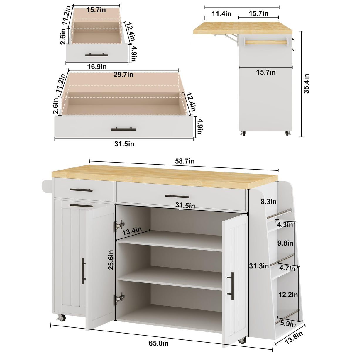 DreamDashio 65" Kitchen Island with Drop Leaf, Rolling Island with Spice Rack & Towel Rack, Mobile Kitchen Island Cart with 2 Draws & Trash Storage Cabinet, Portable Island Table on Wheels for Kitchen