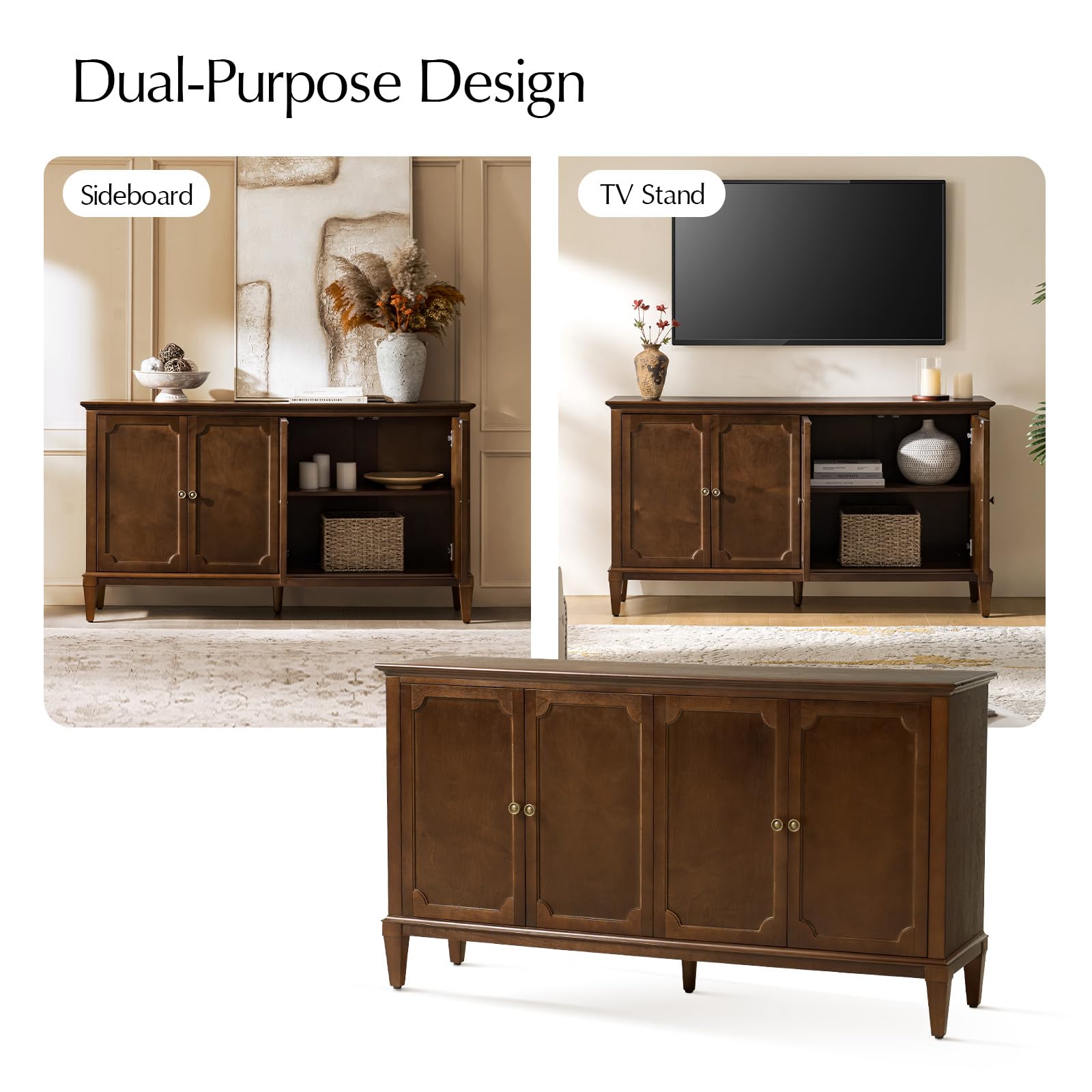 HULALA HOME Mid-Century Modern Sideboard Cabinet, 4-Door Storage Buffet, 58" W x 15.75" D x 32.2" H, Adjustable Shelves, Solid Rubberwood Legs(Walnut)
