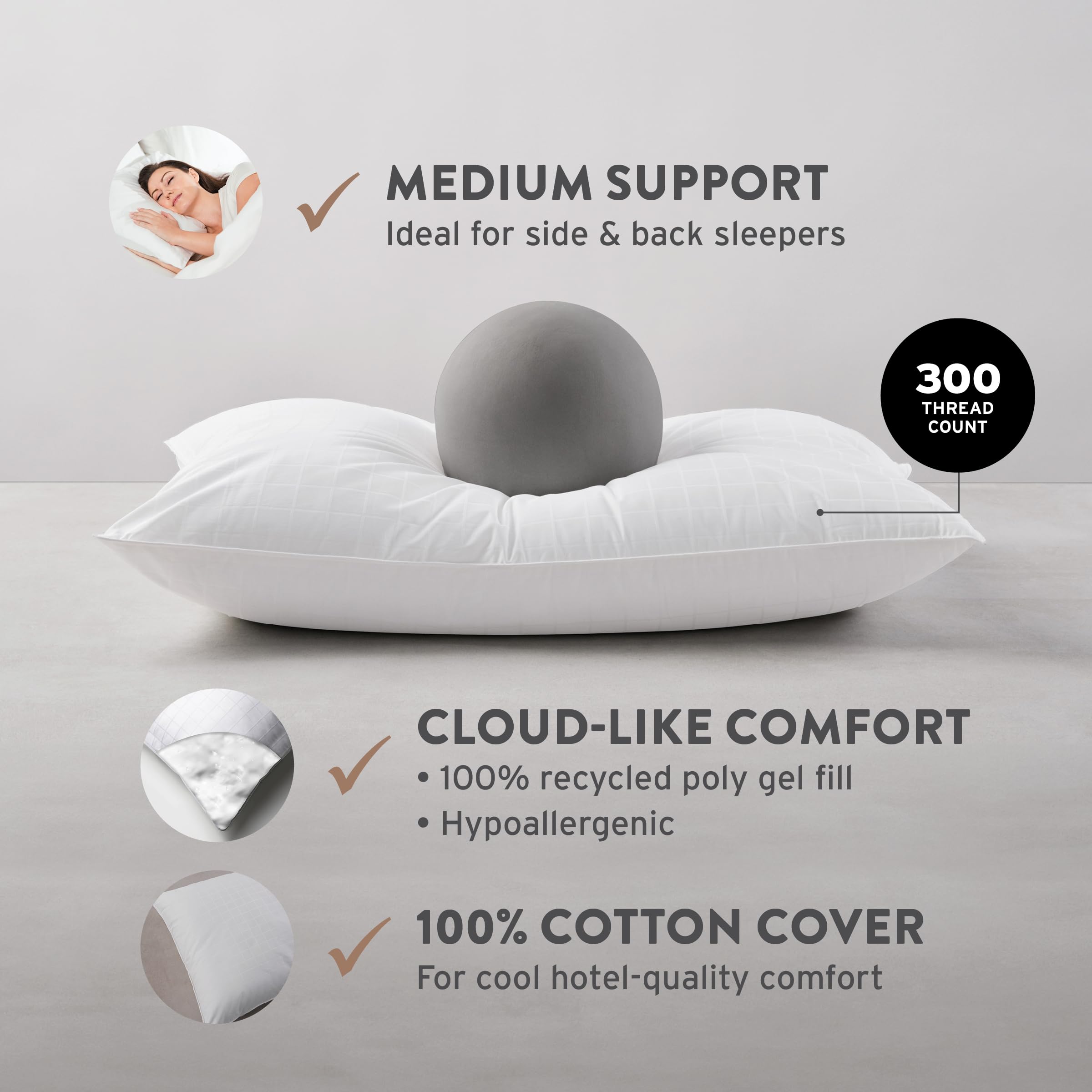 Sobel Westex Sobella Hotel Pillow Queen Size for Side Sleepers - 300TC 100% Cotton Cover with Gel Fiber Fill for Consistent Neck Support, Hotel and Resort Quality, Machine Washable, 20x30