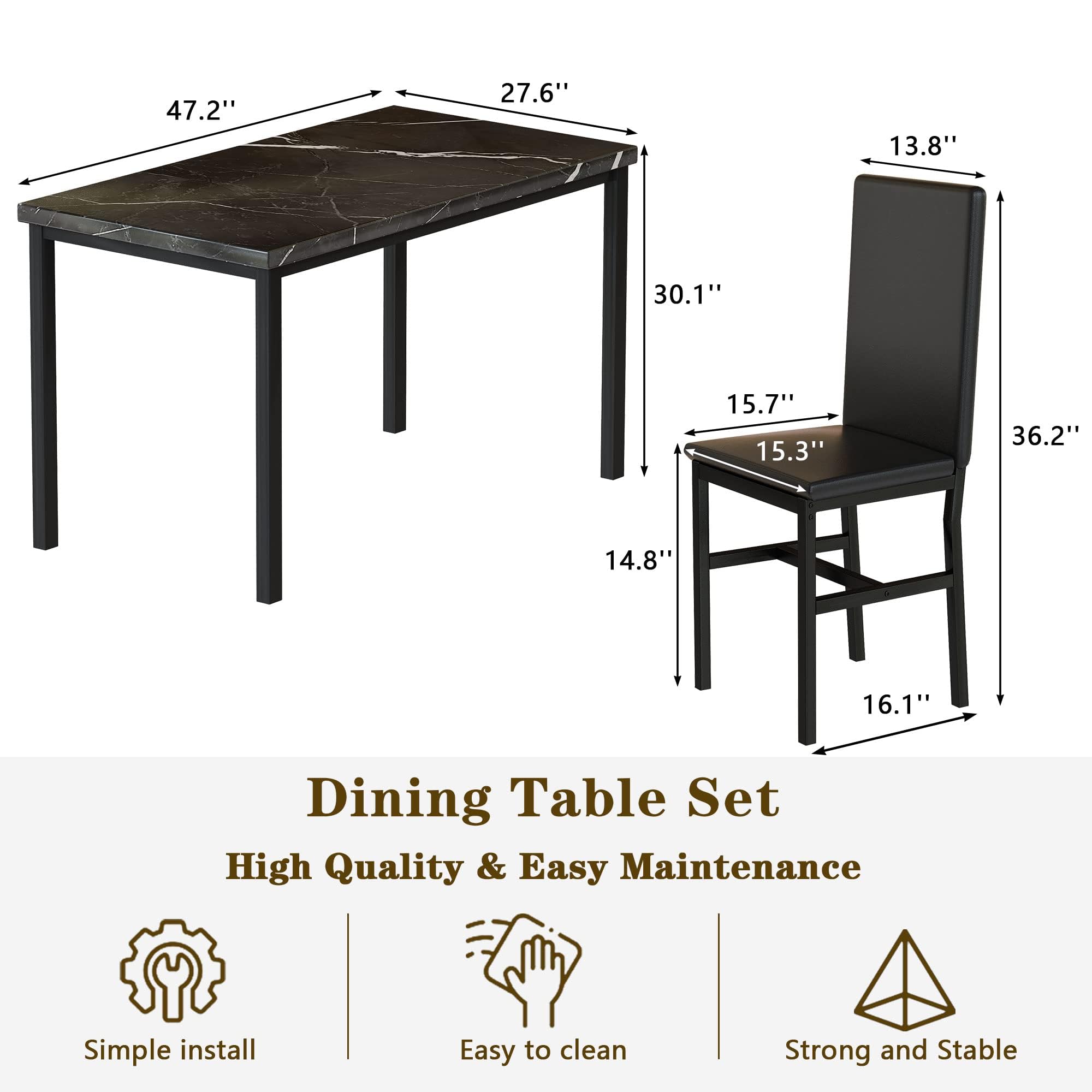 5-Piece Faux Marble Dining Table Set with PU Leather Chairs