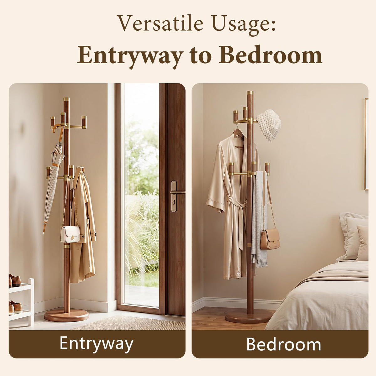 Dkjdssek Solid Wood Coat Rack Freestanding with 6 Gold Metal Hooks