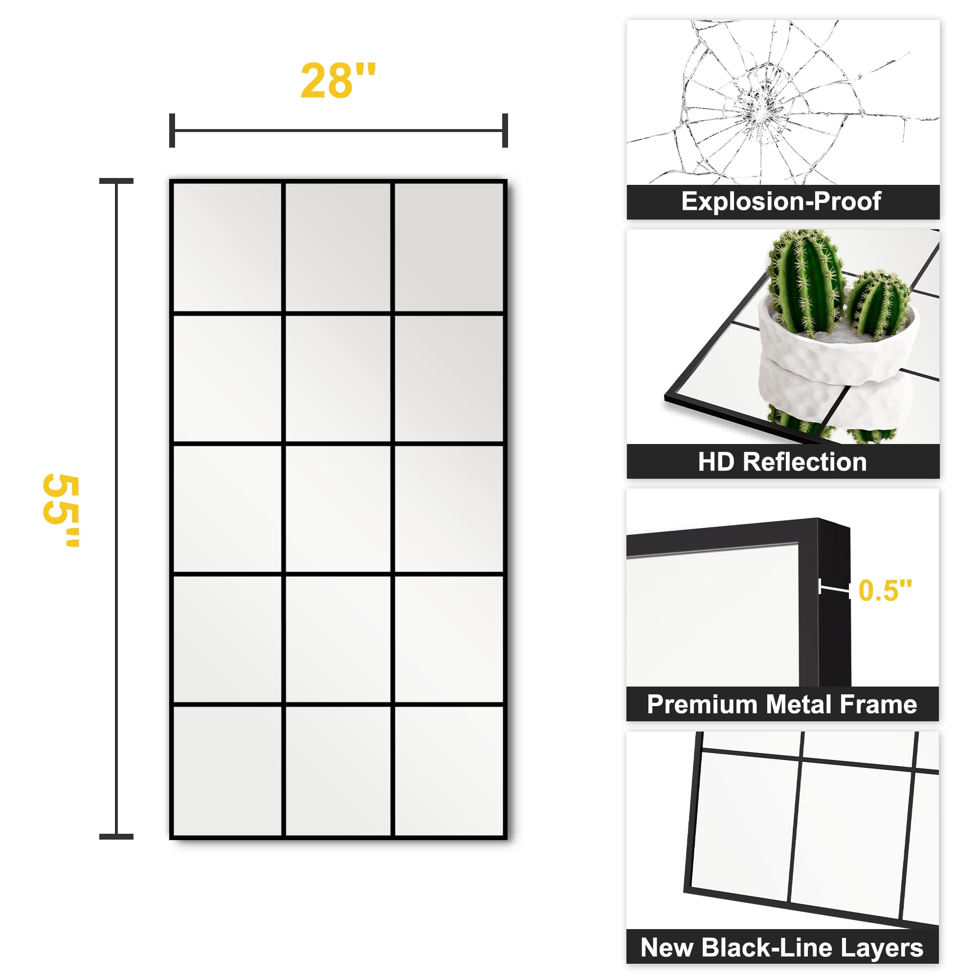 LAWADA Large Window Pane Full Length Mirror for Wall, 28"x55" Black Rectangular Wall Mirror for Living Room, Bedroom, Entryway, Hanging or Leaning