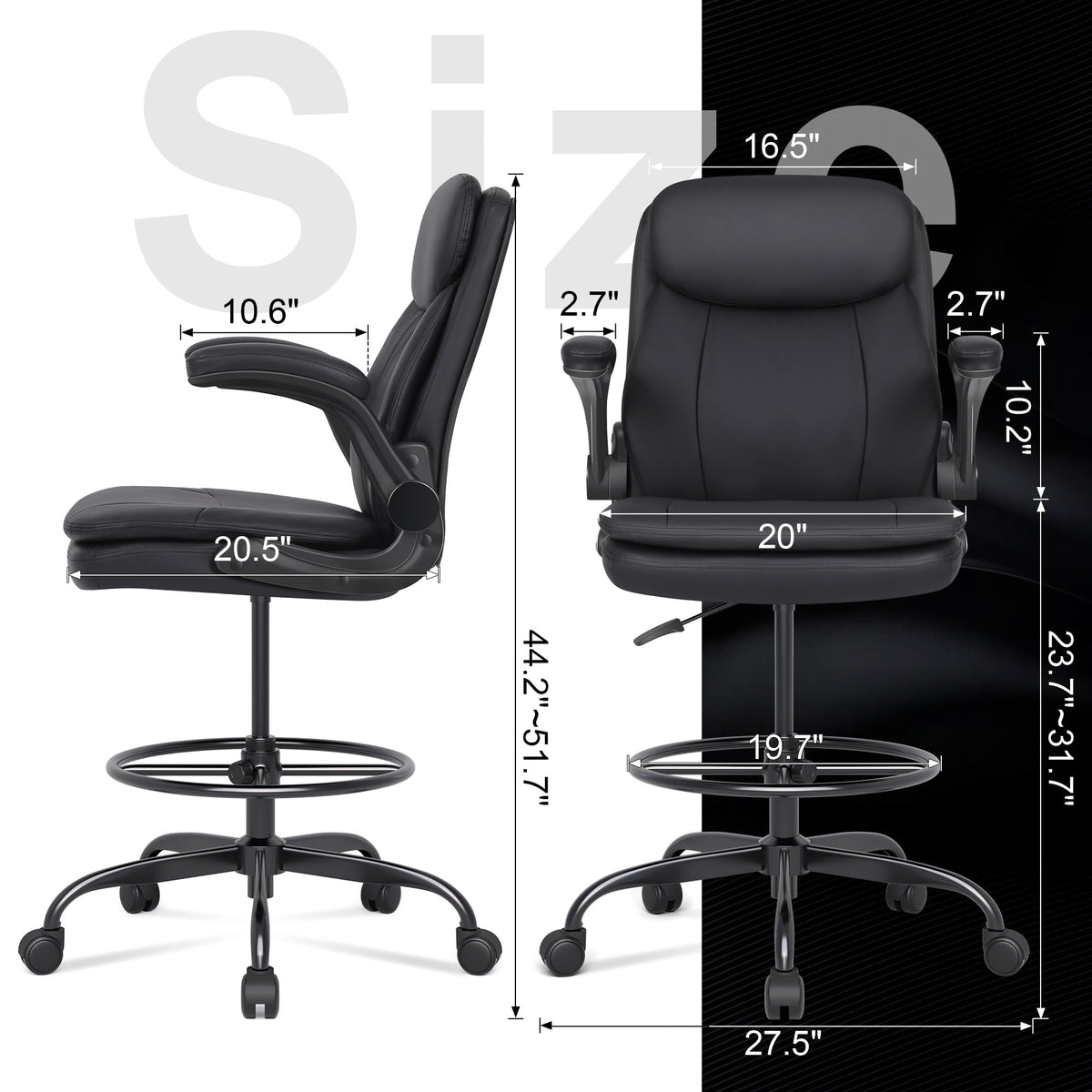 Misolant Drafting Chair, Tall Office Chair for Standing Desk, High Leather Executive Office Chair with Adjustable Height and Flip-up Armrest for Counter Height Desk