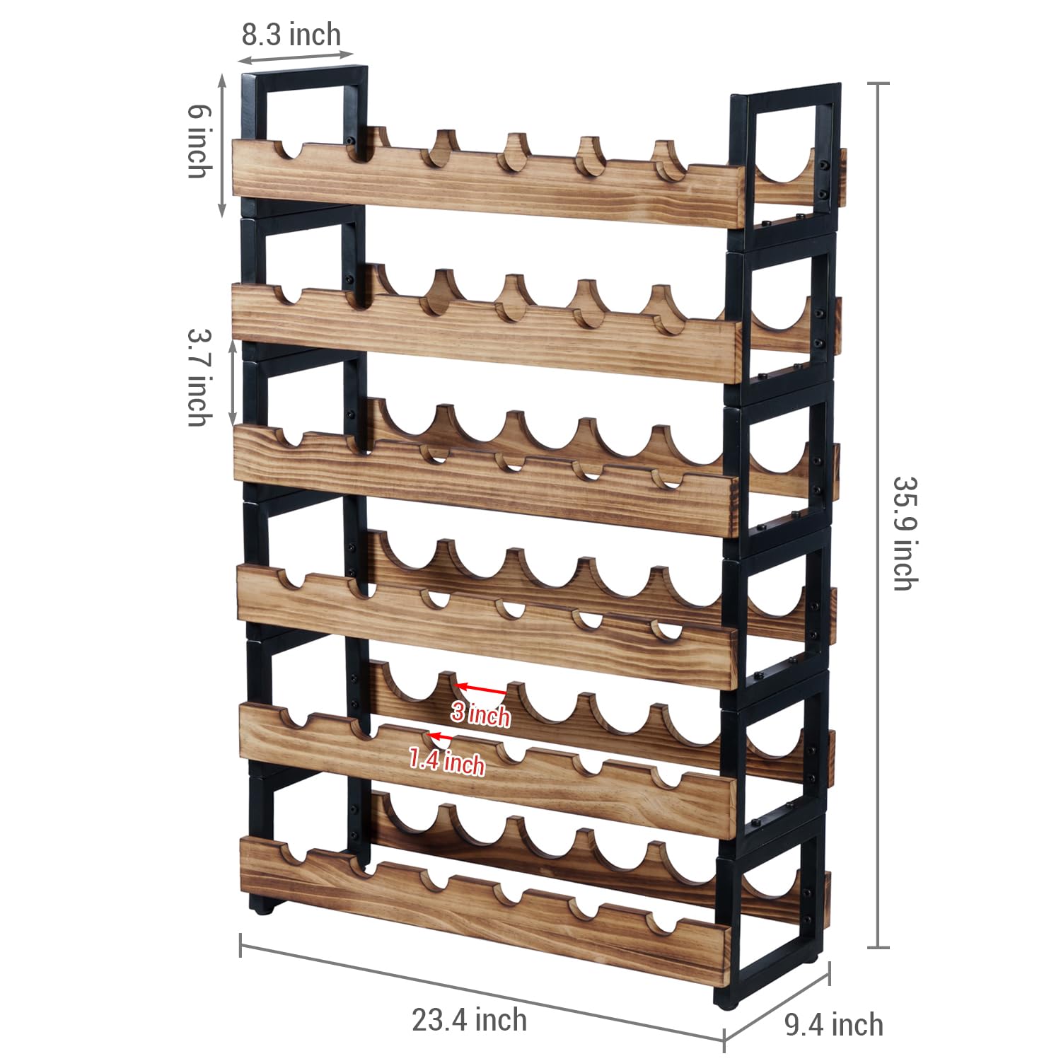 MyGift 6-Tier Wine Rack for 36 Bottles – Freestanding Industrial Wine Bottle Holder with Burnt Wood Shelves & Black Metal Frame – Large Horizontal Storage Stand for Home Bar, Kitchen, Cellar
