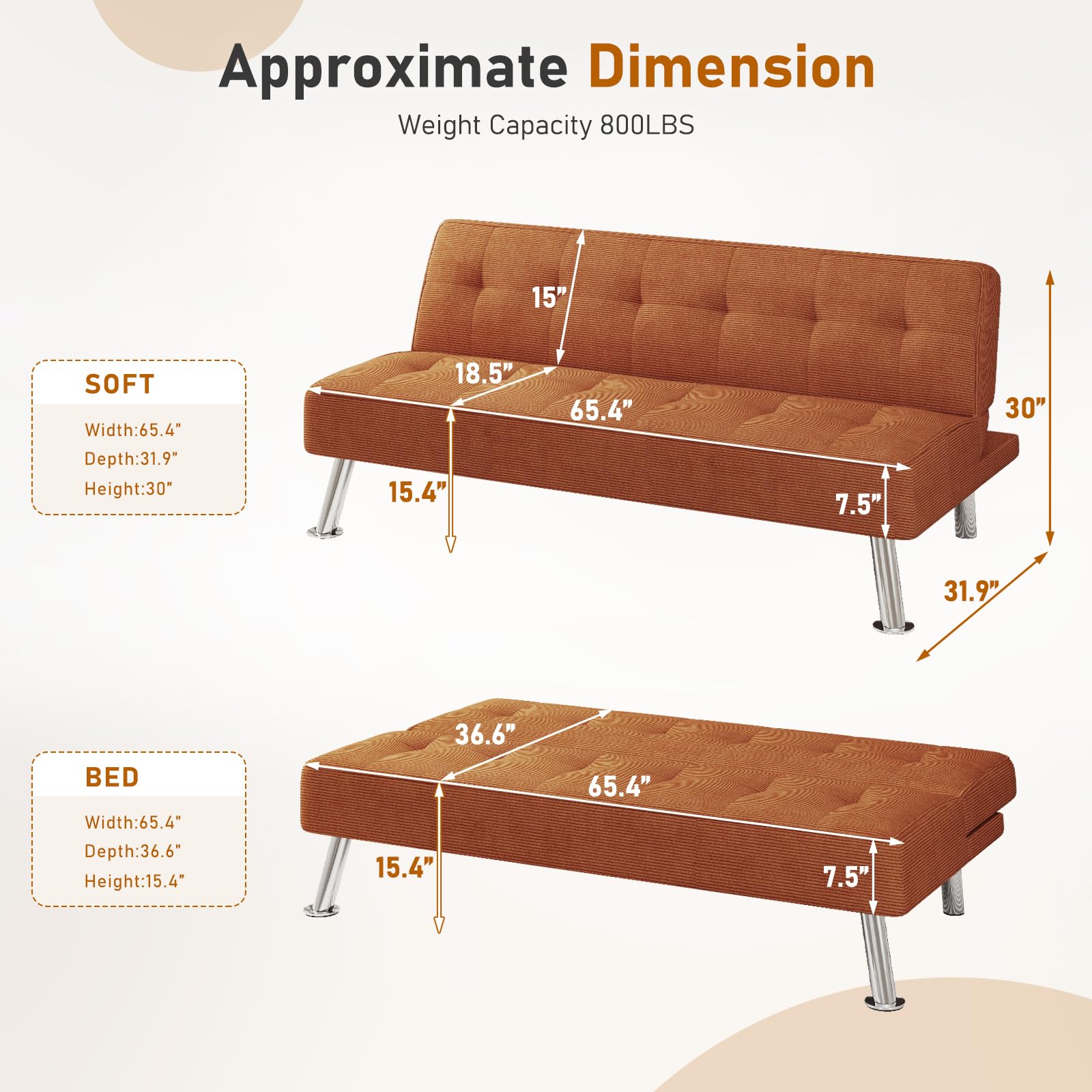 Furnimart Futon Sofa Bed, 66" Corduroy Convertible Futon Couch with 3-Position Adjustable Backrest, Solid Wood Frame Sleeper Sofa for Small Space, Living Room, Apartment, Office, Burnt Orange