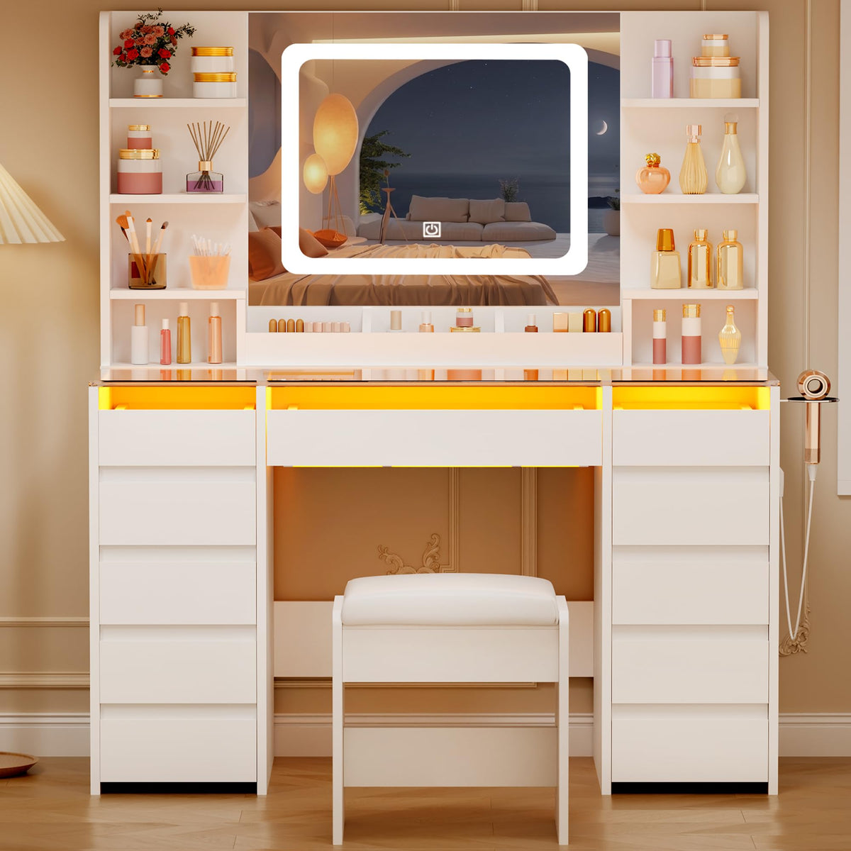 Glass-Top Vanity with LED Mirror