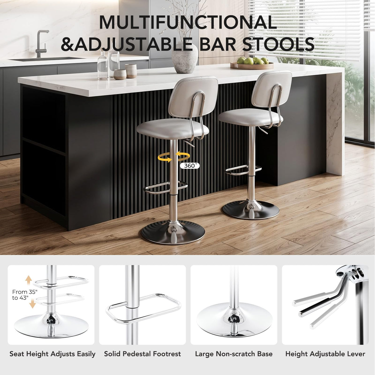 shipborne Bar Stools Set of 2, Swivel Barstools, Modern Bar Chairs, Silver