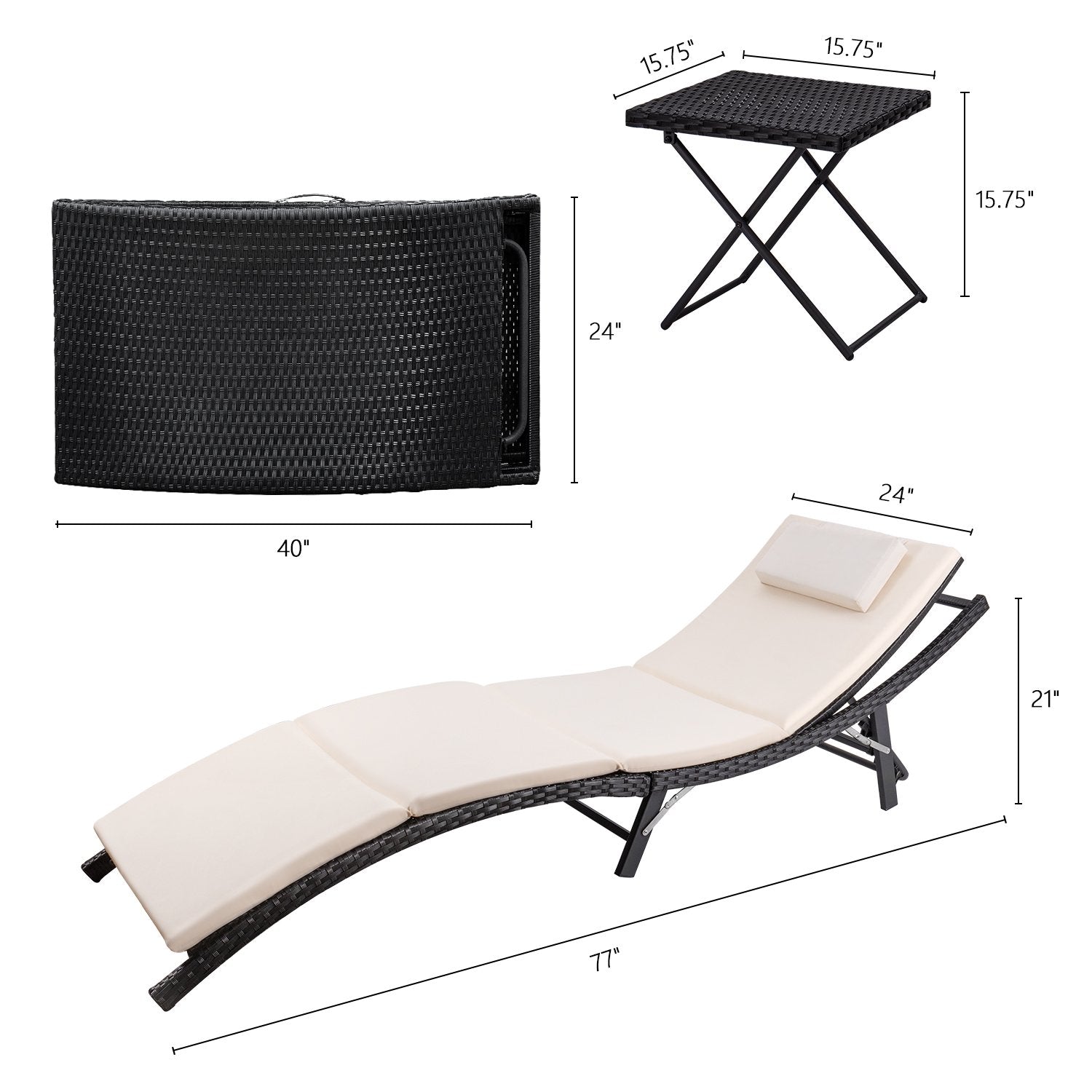 Outdoor Rattan Chaise Lounge Set of 3 with Folding Table