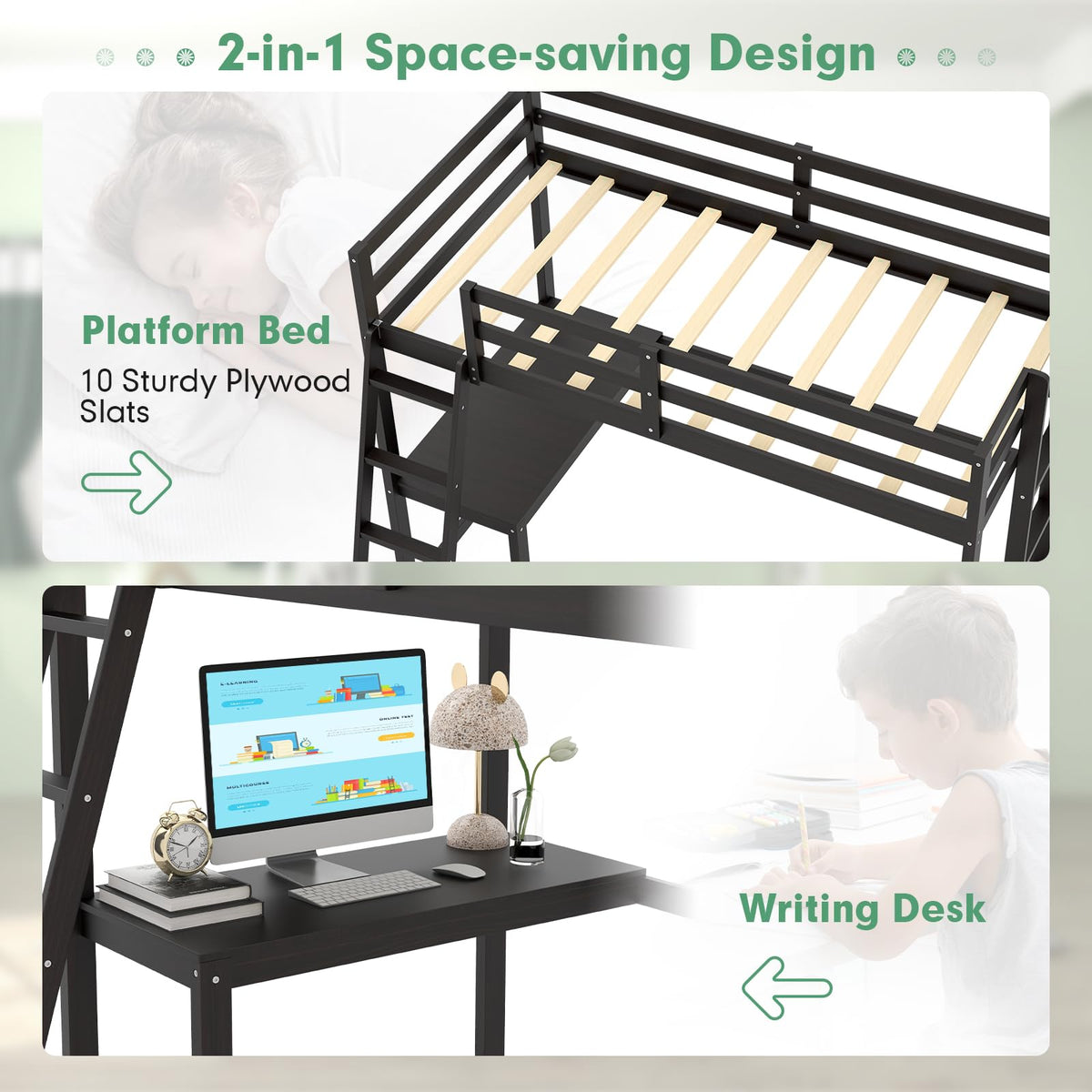 GIANTEX Twin Size Loft Bed with Desk, Solid Wood Loft Bed with 2 Ladders & Full Length Guardrail, Modern Space-Saving Twin Bed Frame for Kids Teens Adults, No Box Spring Needed, Espresso