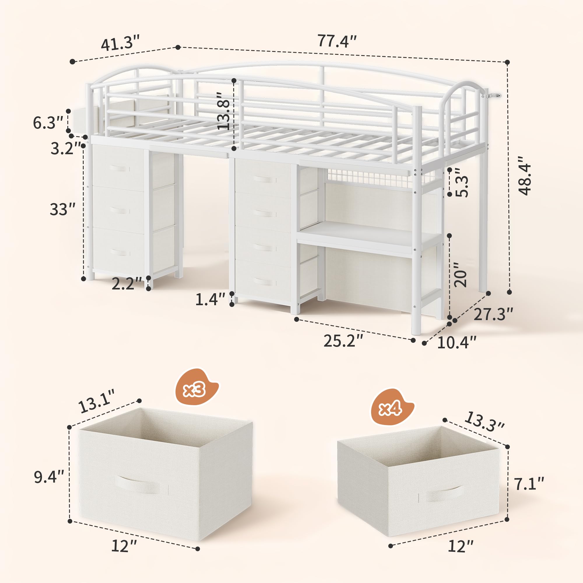 Kids Twin Low Loft Bed with Storage Drawers, Desk & LED Lights