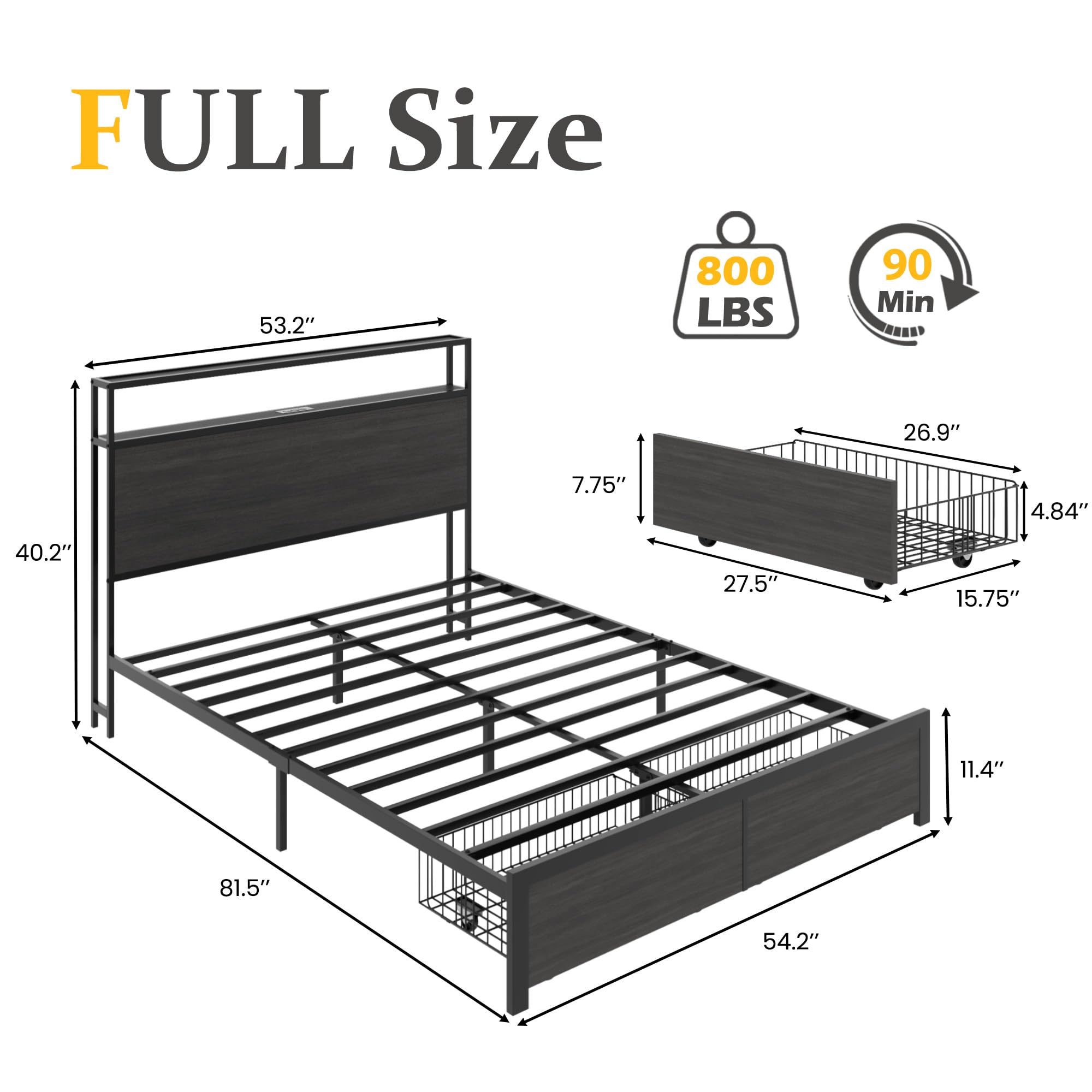 Lifezone Full Bed Frame with 2-Tier Storage Headboard, Metal Bed Frame with Storage Drawers & Built-in Charging Station & LED, Noise-Free, No Box Spring Needed, Easy Assembly, Rustic Grey