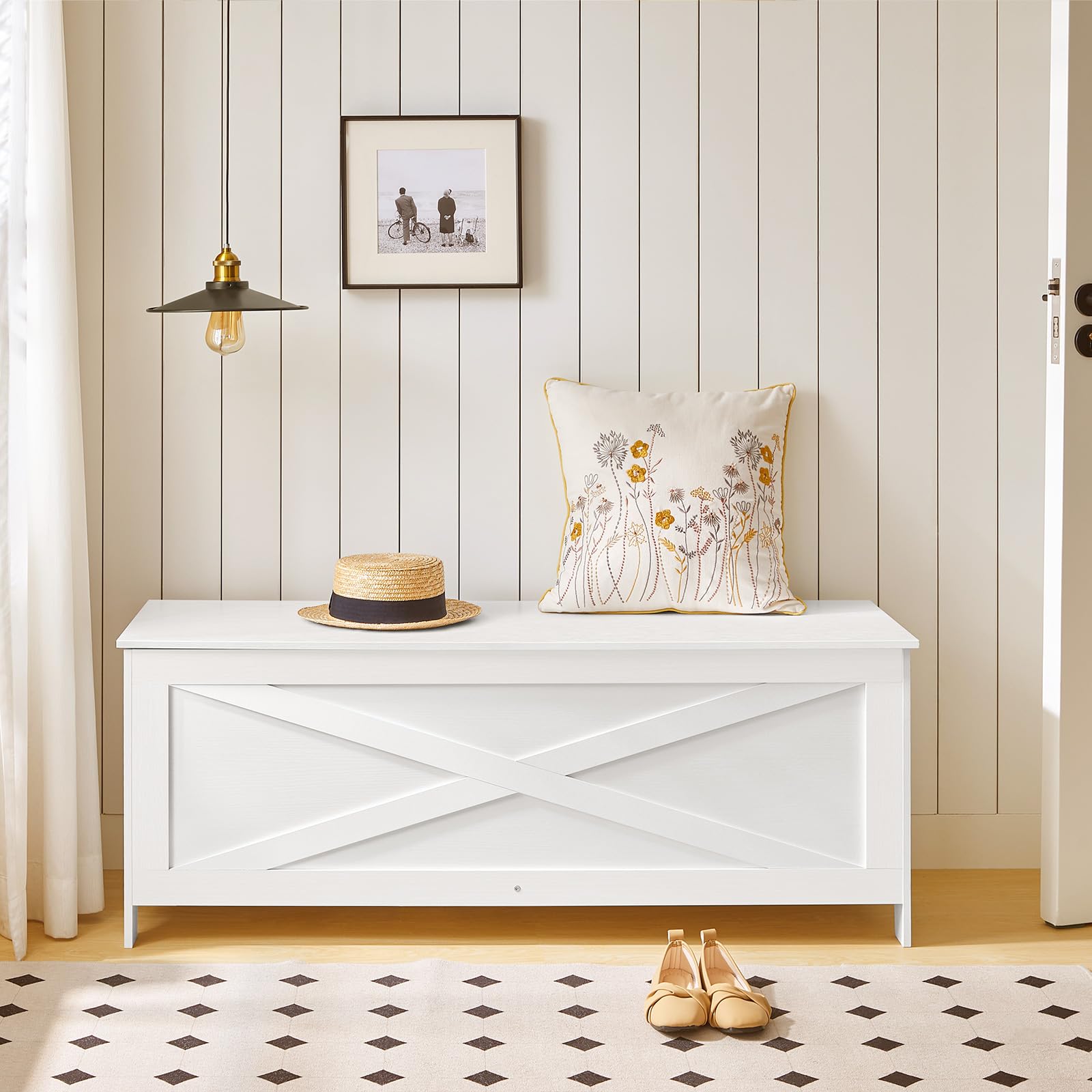 MAHANCRIS 47.2" Toy Chest, Sturdy Entryway Storage Chest with Safety Hinge, Retro Toy Box, Wooden Look Accent Furniture for Living Room, Bedroom, White SCBW48801
