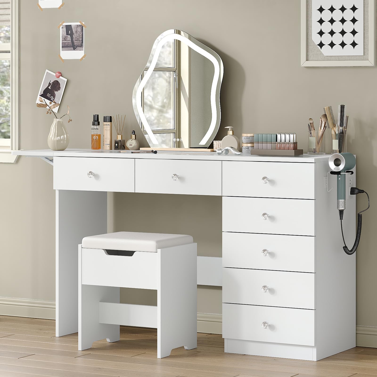 Vanity Desk with 7 Drawers and Charging Station, Glass Top Dressing Table with Foldable Side Shelf and Stool, Modern Makeup Vanity with Storage for Bedroom, White