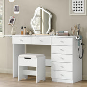 Vanity Desk with 7 Drawers and Charging Station, Glass Top Dressing Table with Foldable Side Shelf and Stool, Modern Makeup Vanity with Storage for Bedroom, White
