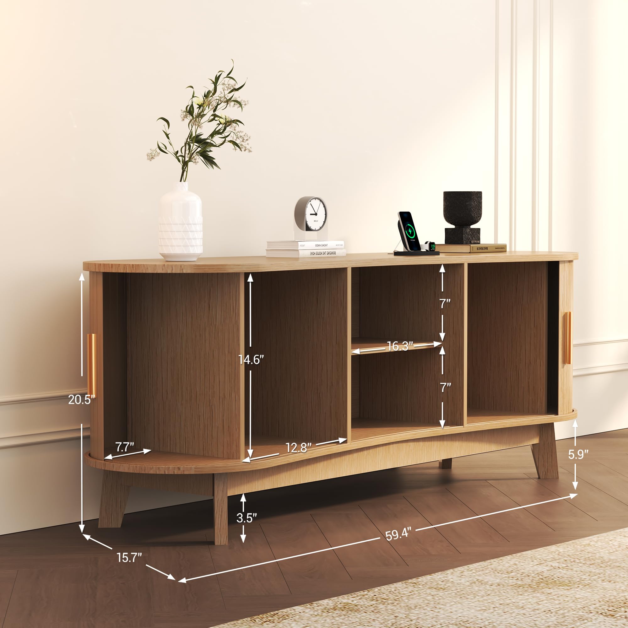 Mid Century Modern TV Stand for 65 Inch TVs, Fluted TV Stands with Open Shelves and Sliding Door, Media Cabinet with Power Outlet, Entertainment Center with Storage for Living Room, Natural