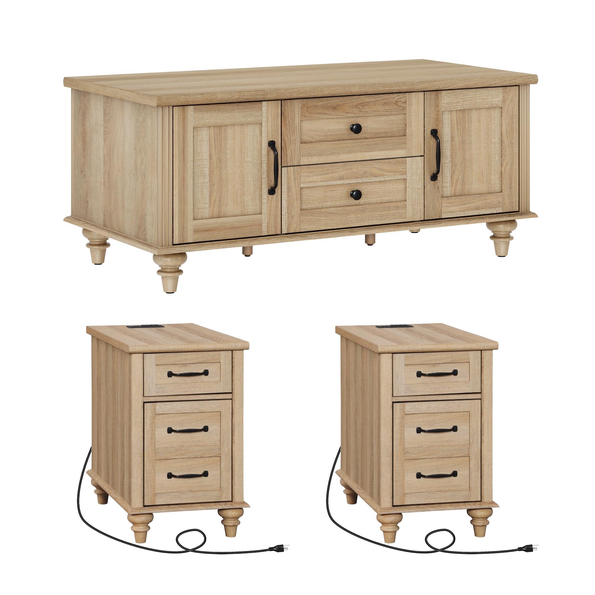 3-Piece Farmhouse Coffee & End Table Set with Charging Station