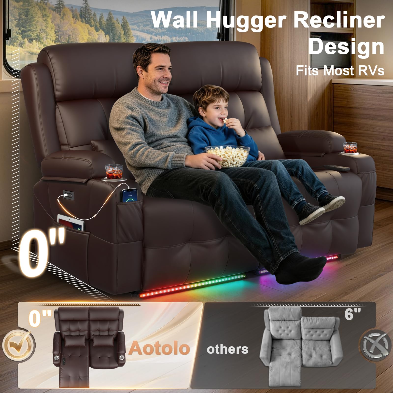 Aotolo Power Reclining Loveseat with Massage & Heat,Wall Hugger Home Theater Seating with LED Lights,USB & Type-C Ports, Ideal for RV, Home Theater and Living Room,Brown,2 Seats