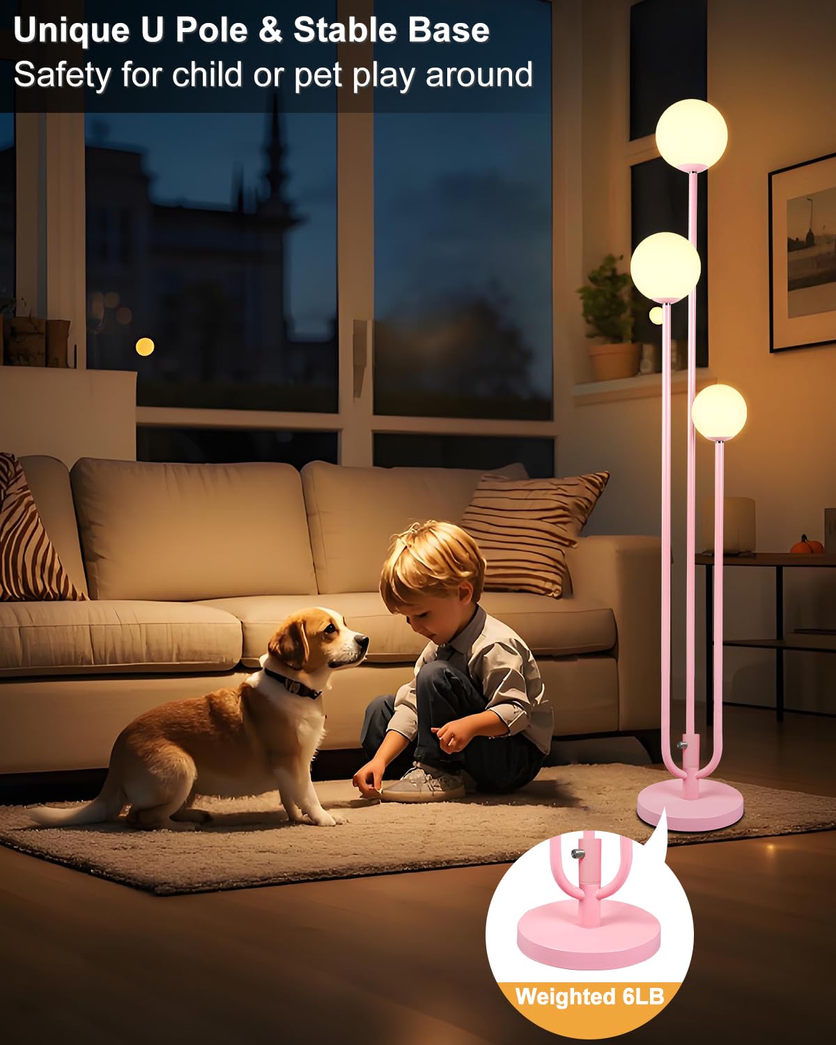 ACOHOOK 63IN 3-Light Dimmable Pink Floor Lamp, Unique Tall Standing Lamps with 3000K G9 Bulbs for Reading, Mid Century Modern Floor Lamp with 5Lbs Heavy Base for Living Room Bedroom Office