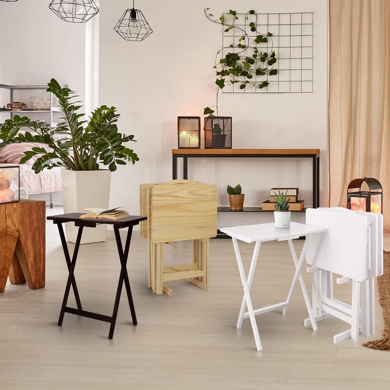 5-Piece Solid Wood Folding Tray Table Set with Storage Stand