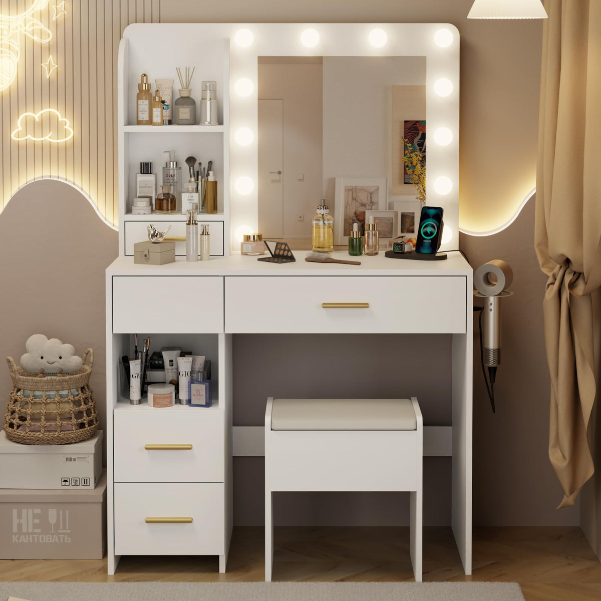 Otterease 35" Makeup Vanity Desk with LED Mirror, Storage Stool, White