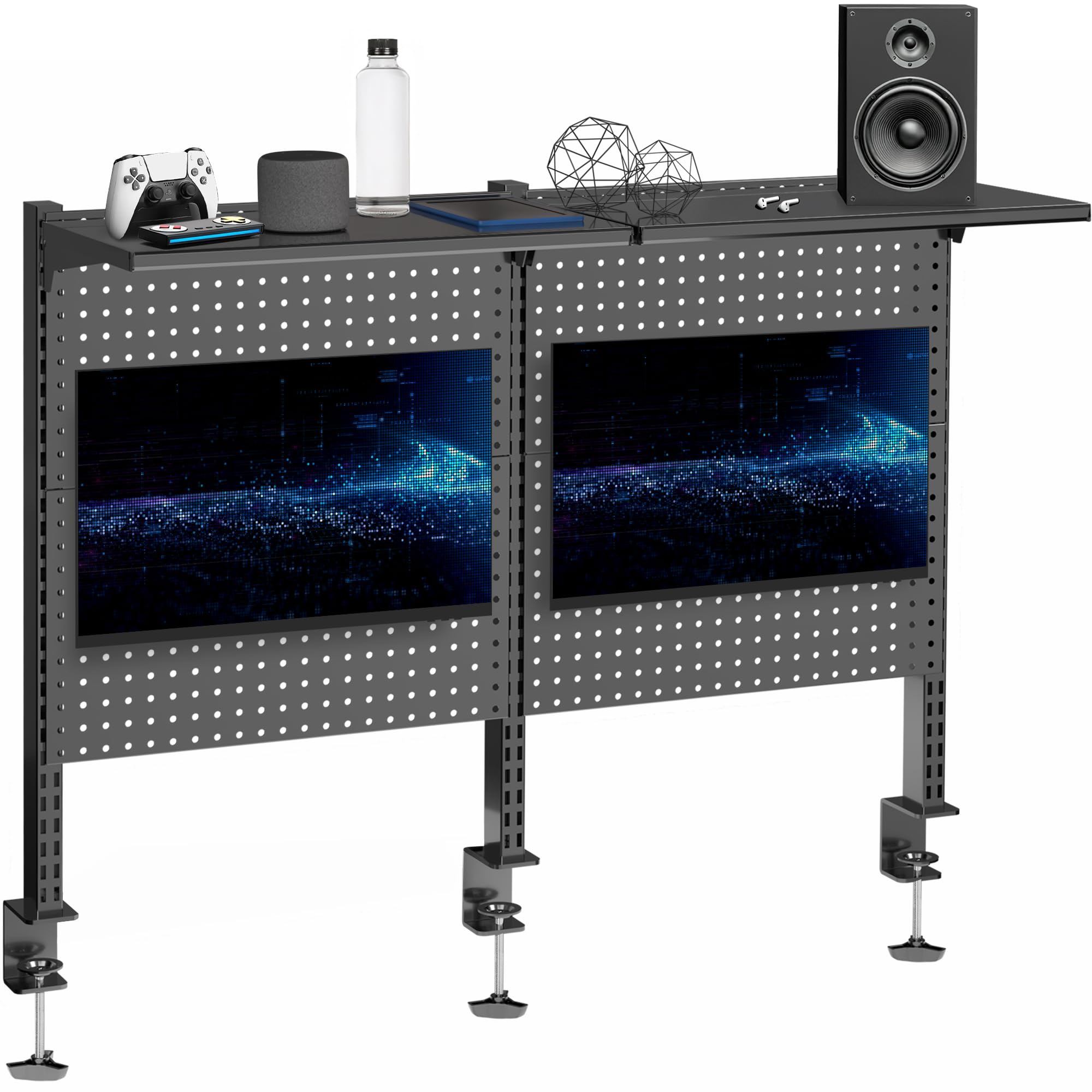 Desk Pegboard System with Dual Monitor Mounts & Storage Shelf