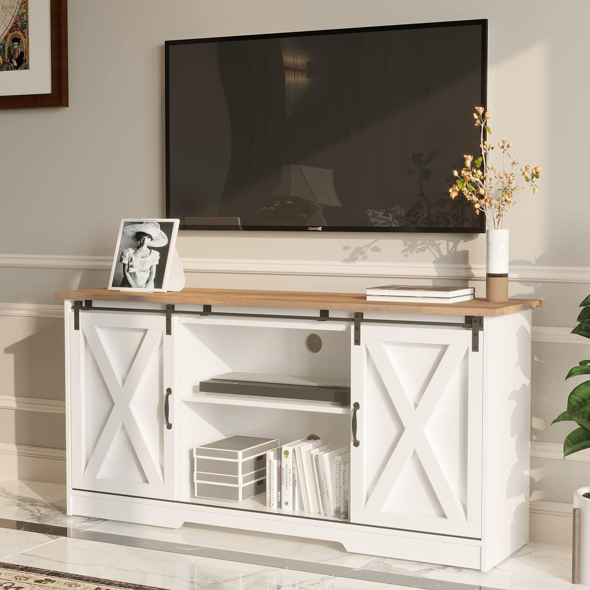 Farmhouse TV Stand for 65 Inch TV, Sliding Barn Doors, White