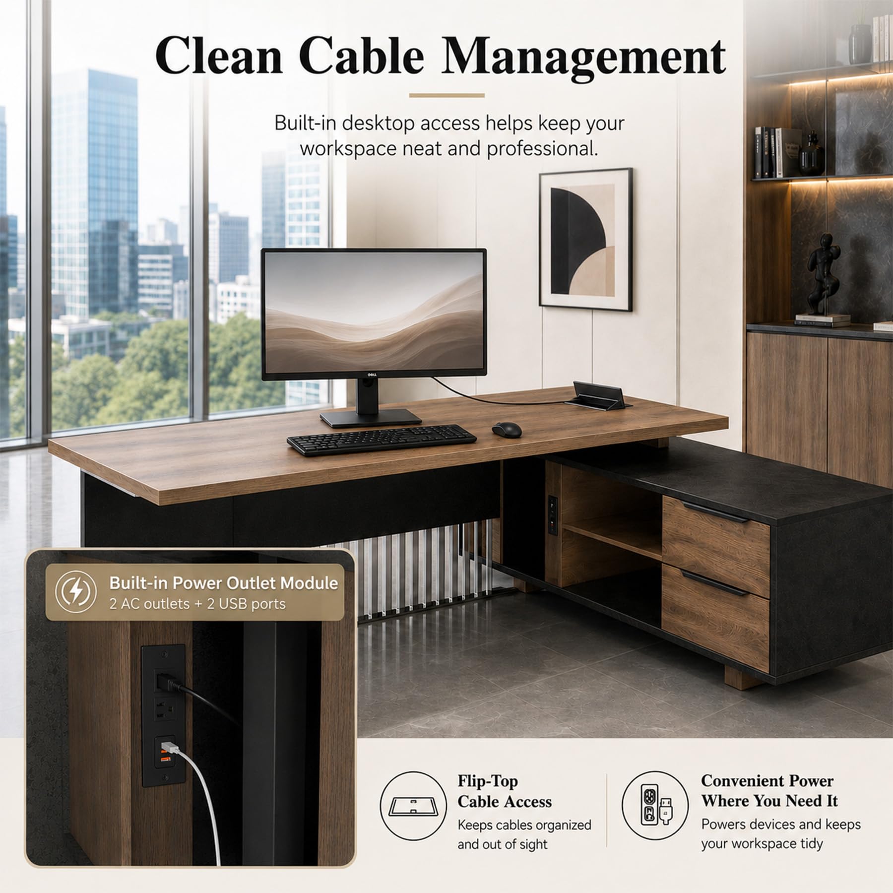 70.86 inch Inch Large Executive Desk with Drawers Cabinet, L Shaped Office Desk, Computer Desk with Universal Charging Ports and Cable Management for Business Furniture Set Workstation for Home Office