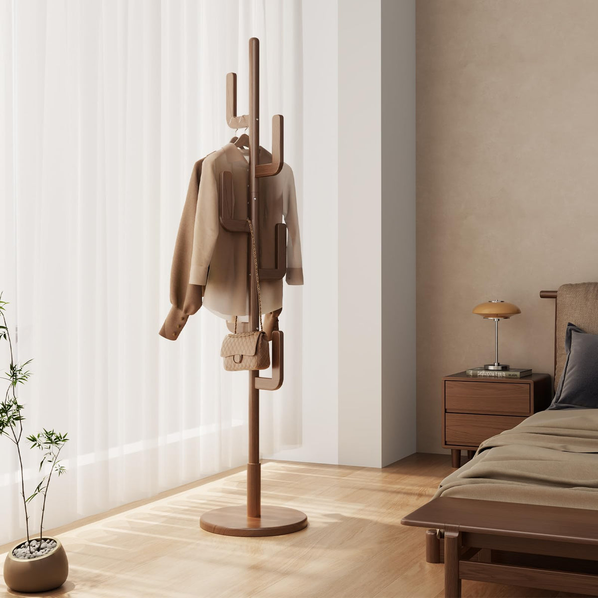 Walnut Solid Wood Cactus Coat Rack with 6 Hooks