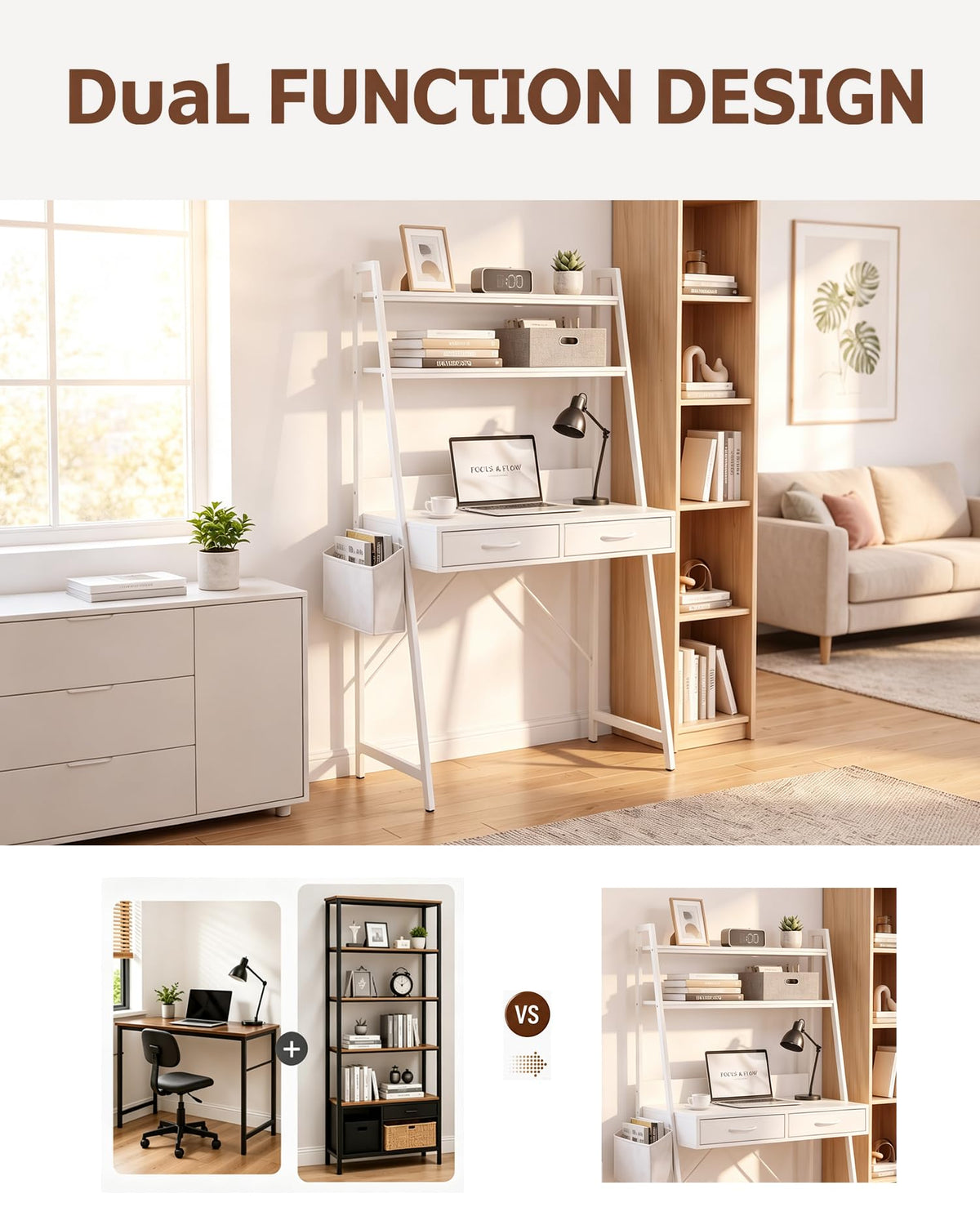 Home Office Desk with Storage and Drawer, Computer Desk with 2-Tier Shelves