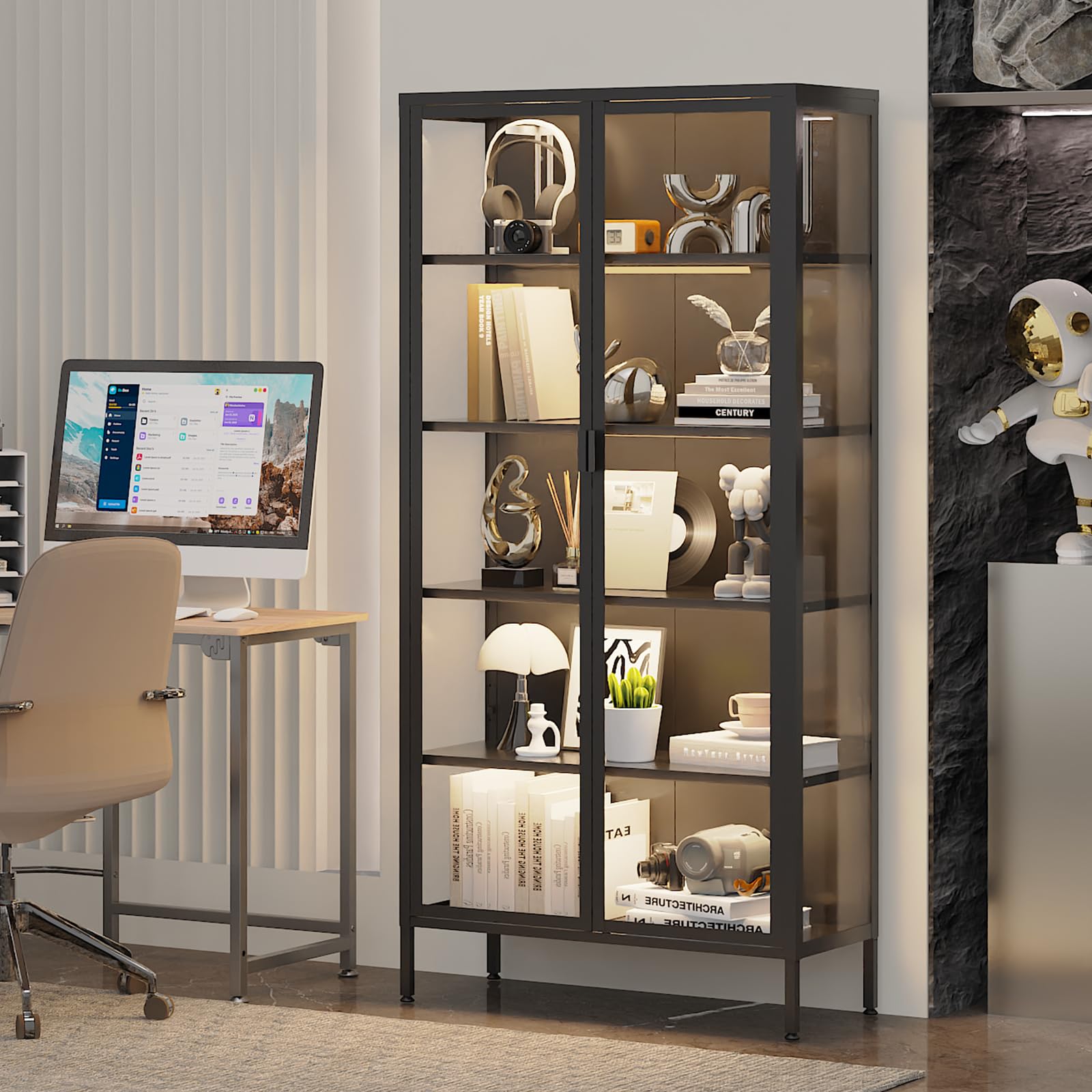 Glass Display Cabinet with LED Sensor Lights & Adjustable Shelves