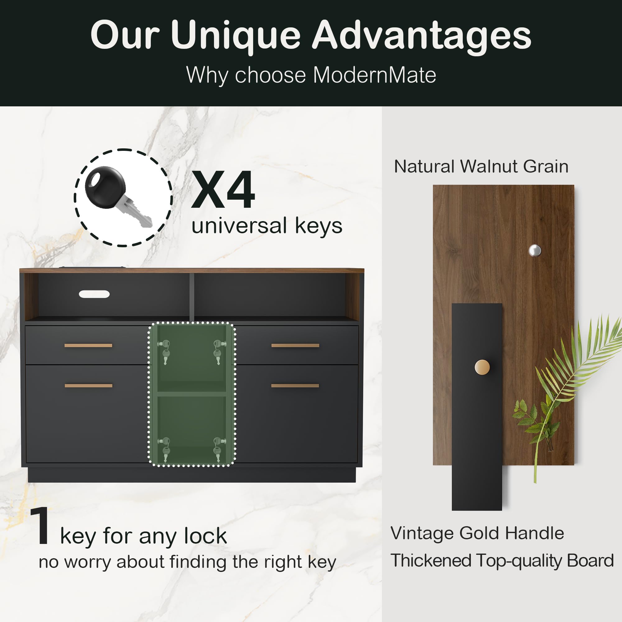 4-Drawer Wood File Cabinet with Lock & Power Strip