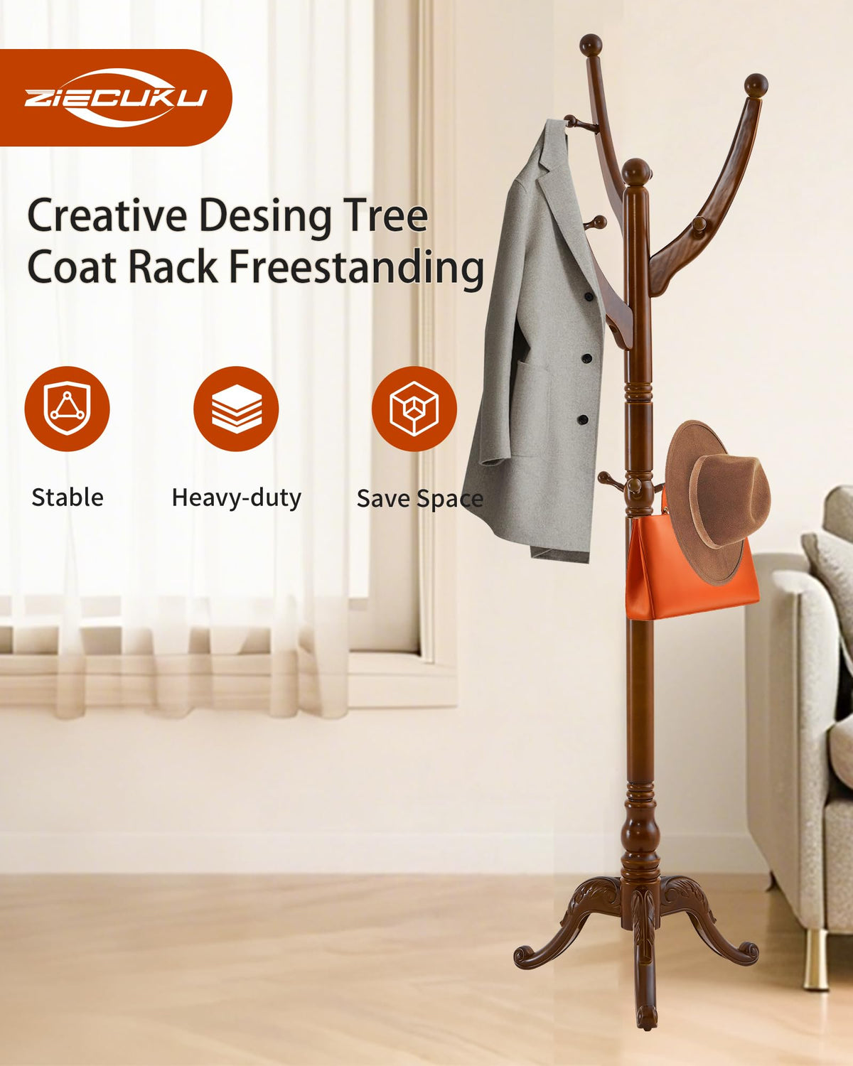 ZIECUKU Coat Rack Freestanding,Solid Wood Coat Hall Tree with 13 Hooks