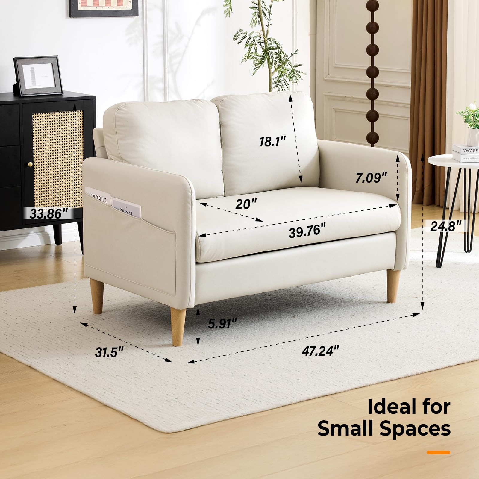 VINGLI 47" Small Couch, Beige Loveseat Mini Couch Mid Century Modern Decor Love Seat for Small Spaces Living Room, Bedroom, Play Room