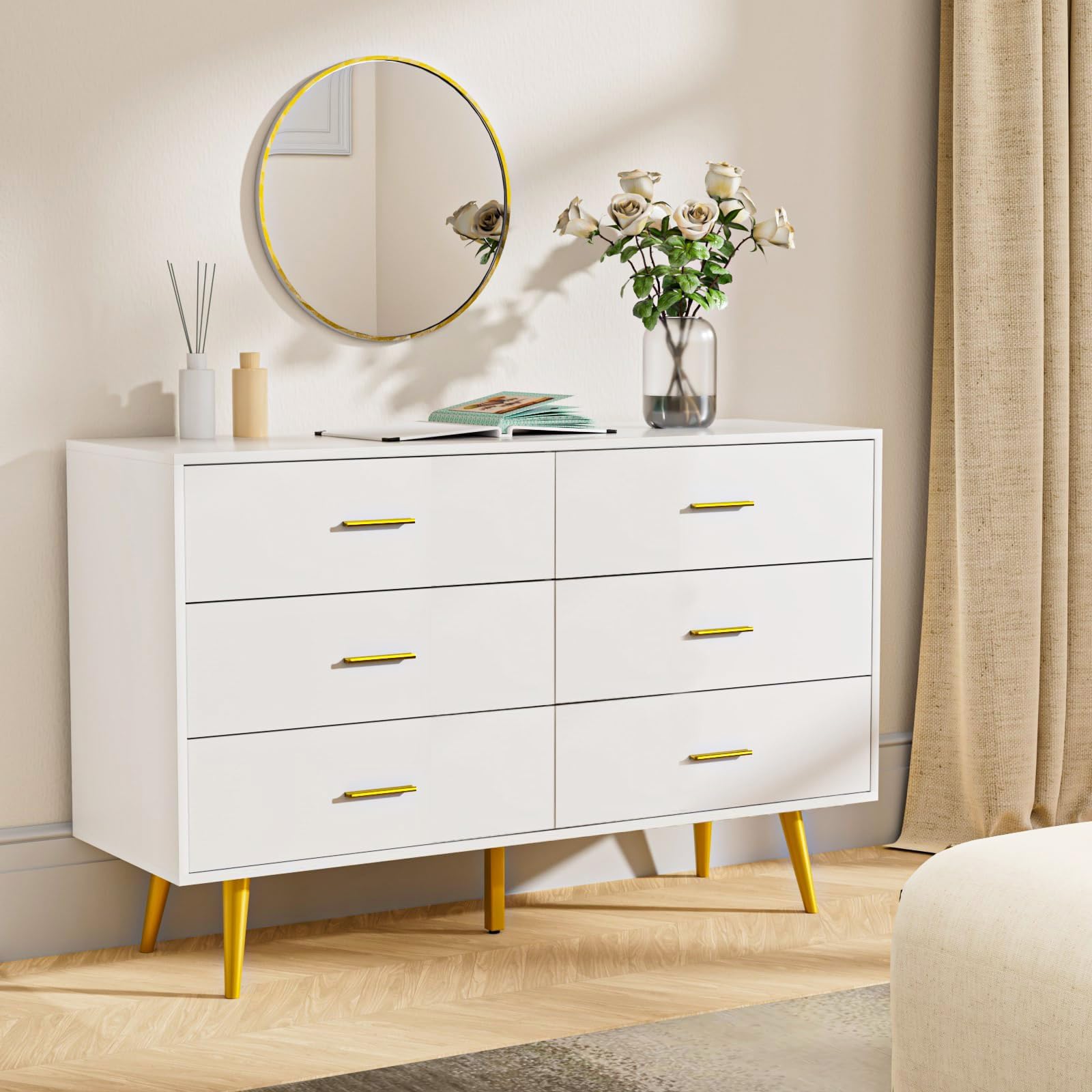 CARPETNAL White Dresser for Bedroom, 6 Drawer Dresser with Wide Drawers and Gold Metal Handles, 47” Wood Dressers & Chests of Drawers for Hallway, Entryway.