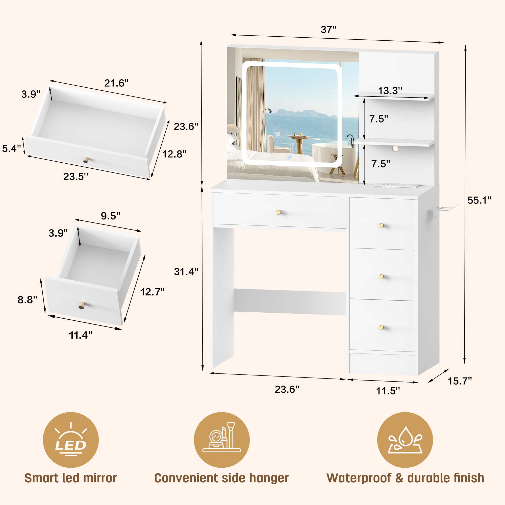 spanspace Makeup Vanity Desk with Mirror and Lights, 37" White Vanity Desk with Power Outlet & USB, 3 Modes Dimmable LED Mirror with 4 Drawers, Modern Vanity Table for Bedroom