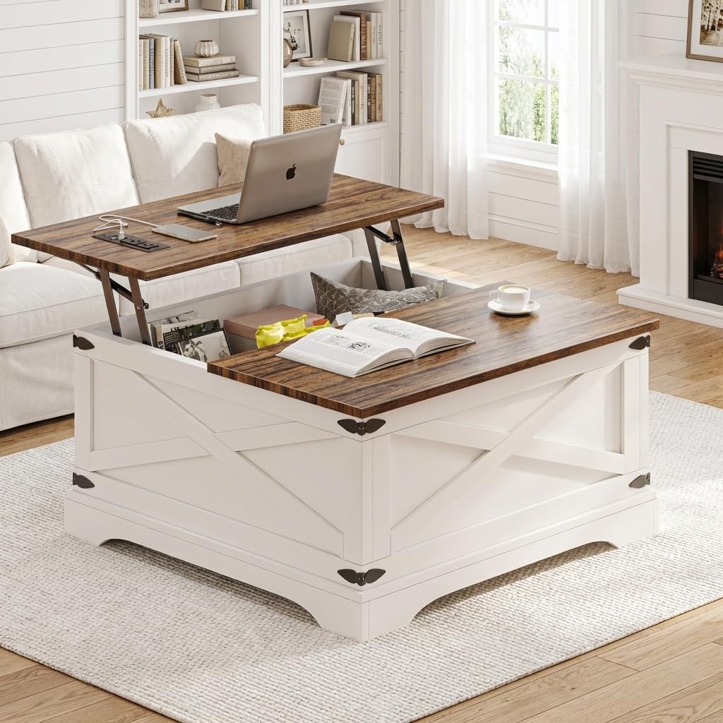 BROTTAR Lift Top Coffee Table with Storage, Square Coffee Table for Living Room with Charging Ports, Farmhouse Dining Table with Large Hidden Storage, White, 31.5"