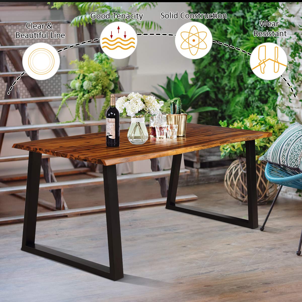 GIANTEX Rectangular Acacia Wood Dining Table Rustic Indoor & Outdoor Furniture (Rustic Brown&Black)