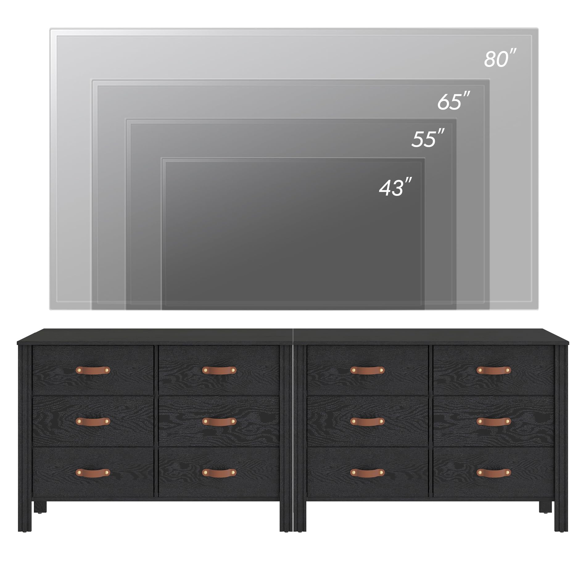 WAMPAT Black Dresser for Bedroom, Long Wide Dresser with 12 Drawers, Kids Dressers & Chests of Drawers, Set of 2 Classic Wooden Storage Cabinet Organizer for Closet, Living Room, Hallway