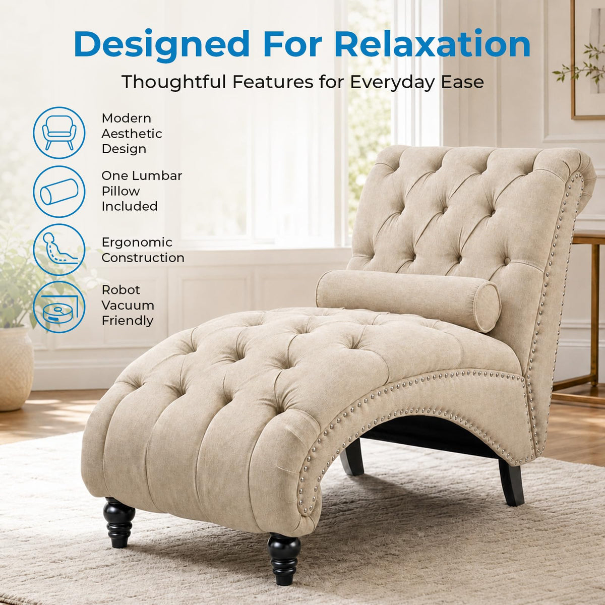 Tufted Chaise Lounge Chair Indoor, Beige Linen with Pillow & Nailhead Trim