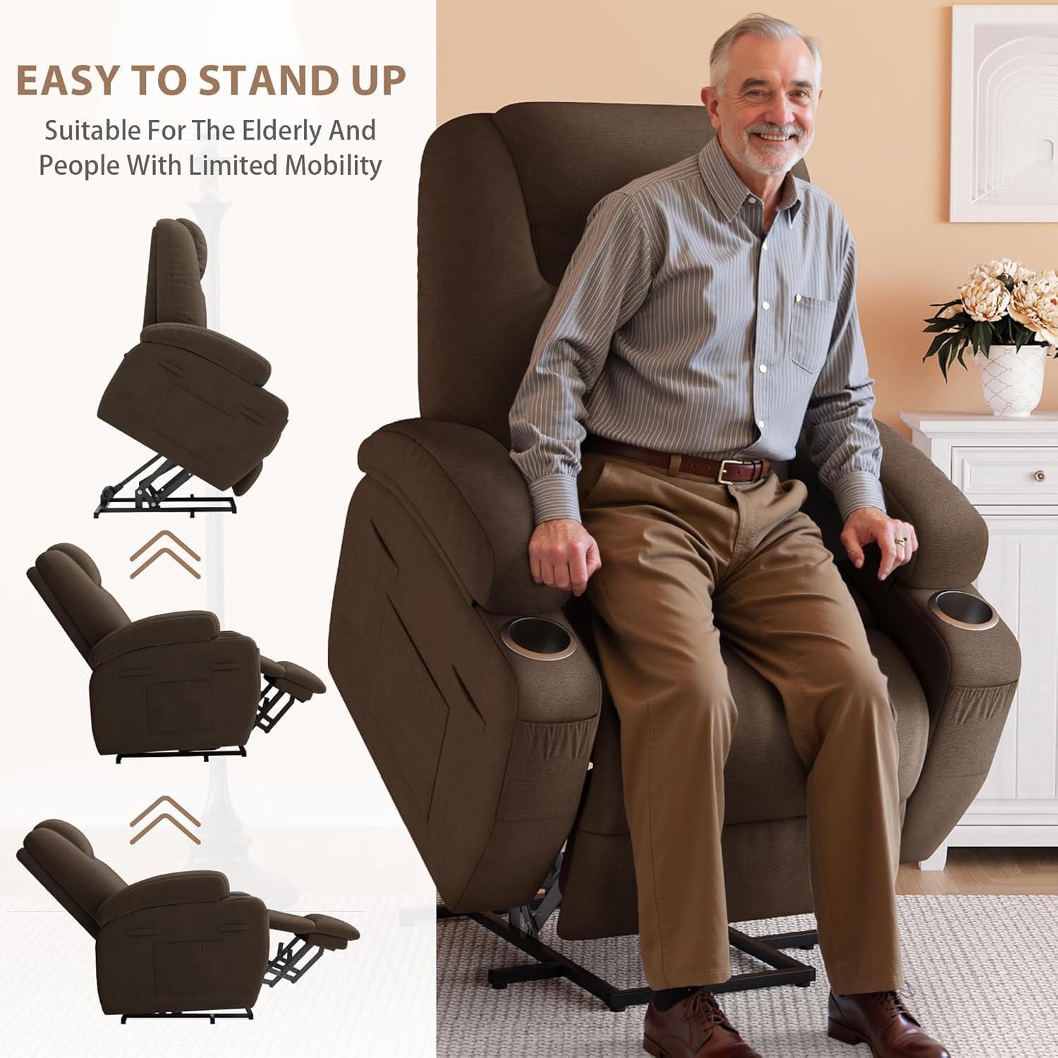 Flamaker Power Lift Recliner Chair (Fabric, Brown)